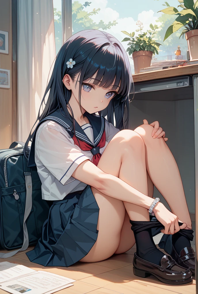 Masterpiece、hight resolution、1Cute girl in people、hi-school girl、Sitting on the ground with knees upright、Staring at this、