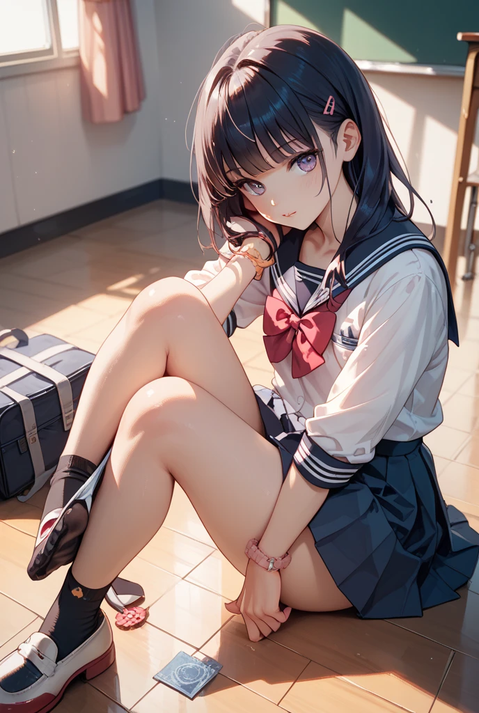 absurdres, RAW photo, extremely delicate and beautiful, masterpiece, Best Quality, ultra high resolution, 32k, hyperrealistic, ultra-detailed, perfect anatomy, super Detailed skin, perfect figure, Super Beauty, Perfect Style, Perfect balance, 20 years old, very small head, very small face, delicate facial features, detailed face, detailed eyes, tearful mole, earring, very huge round breasts, legs, medium hair, full body shot, indoor, ((school_uniform)),