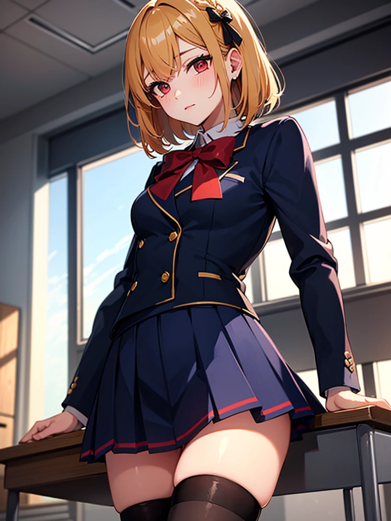 Masterpiece, hd, 1girl, dark yellow hair,hair bands, bangs, short hair, big breasts, red eyes, ayanokoji, school_uniform, red blazer, closed jacket, white collared shirt, blue bowtie, standing, indoor, smile, classroom