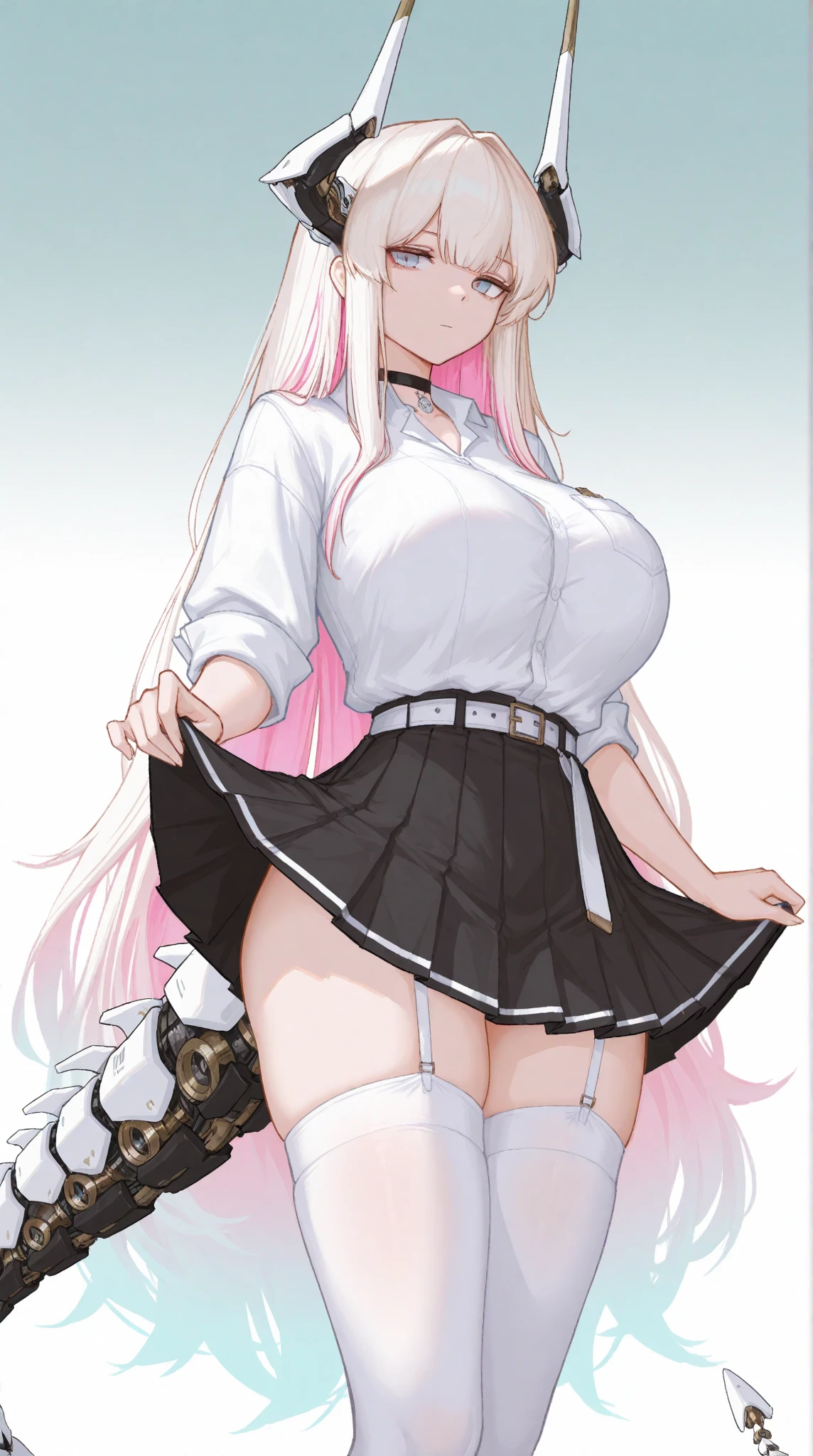 a tall girl, big breast, beautiful beauty, beautiful, cute, loving, long white hair, her blue-yellow eye, she wears a pink button-down blouse, short sleeves, shows her navel and a short dark blue skirt, a brown belt, a long black heel.