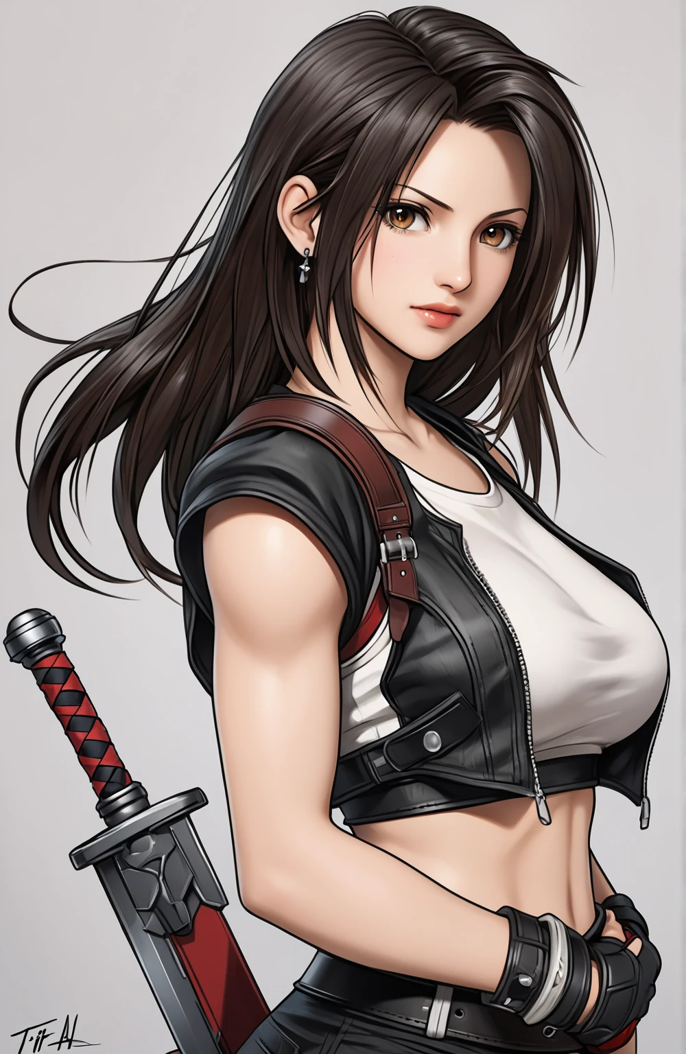 A 14-year-old anime girl with dark brown hair in a high ponytail, light brown eyes, and light, tanned skin. He wears a white shirt with a brown vest, brown shorts, and knee-high leather boots. He wears a leather belt with a dagger on his hip and a necklace with a green stone amulet. He is standing in a green field with a sword in his hand and a determined look on his face.,(all realistic intricate details)