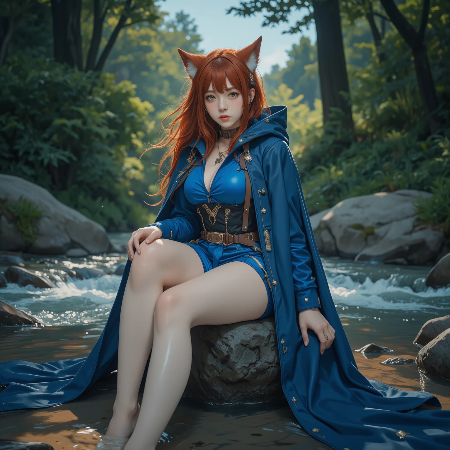 Young catgirl like Mari from blue archive but realistic, nice face, green eyes, ginger fur cat ears on her head, red hair, dark purple clothes of a priest s robe. Enviroment: girl standing on feet on the surface of the water, against the backdrop of a deep starry sky, the milky way and the moon. Mistycal style, twilight atmosphere. Light: soft, the stars glow and slightly reflect in the clothes robe, reflect in water surface. Ultra - Wide Angle —s 500