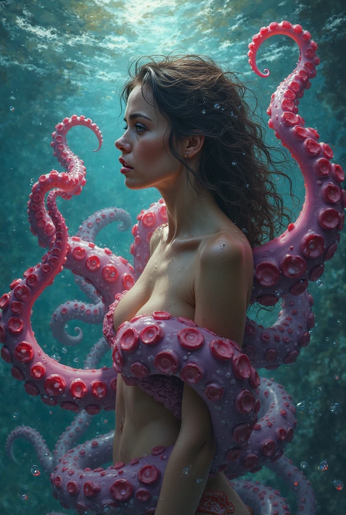 Emma Watson is depicted with tentacles coming out of her body at every hole. The tentacles are sexually arousing and are covered in cum. a visual representation of Emma Watson's body as a canvas for the tentacles to explore and feast on. The colors used are bright and vibrant, creating a sense of energy and excitement. The tentacles are depicted in a range of colors, from pink and red to blue and green, indicating their variety and abundance. The background is a blur of colors and shapes, creating a sense of movement and depth. Overall, captures the erotic and sensual nature of Watson's body, as well as the symbiotic relationship between her and the tentacles.