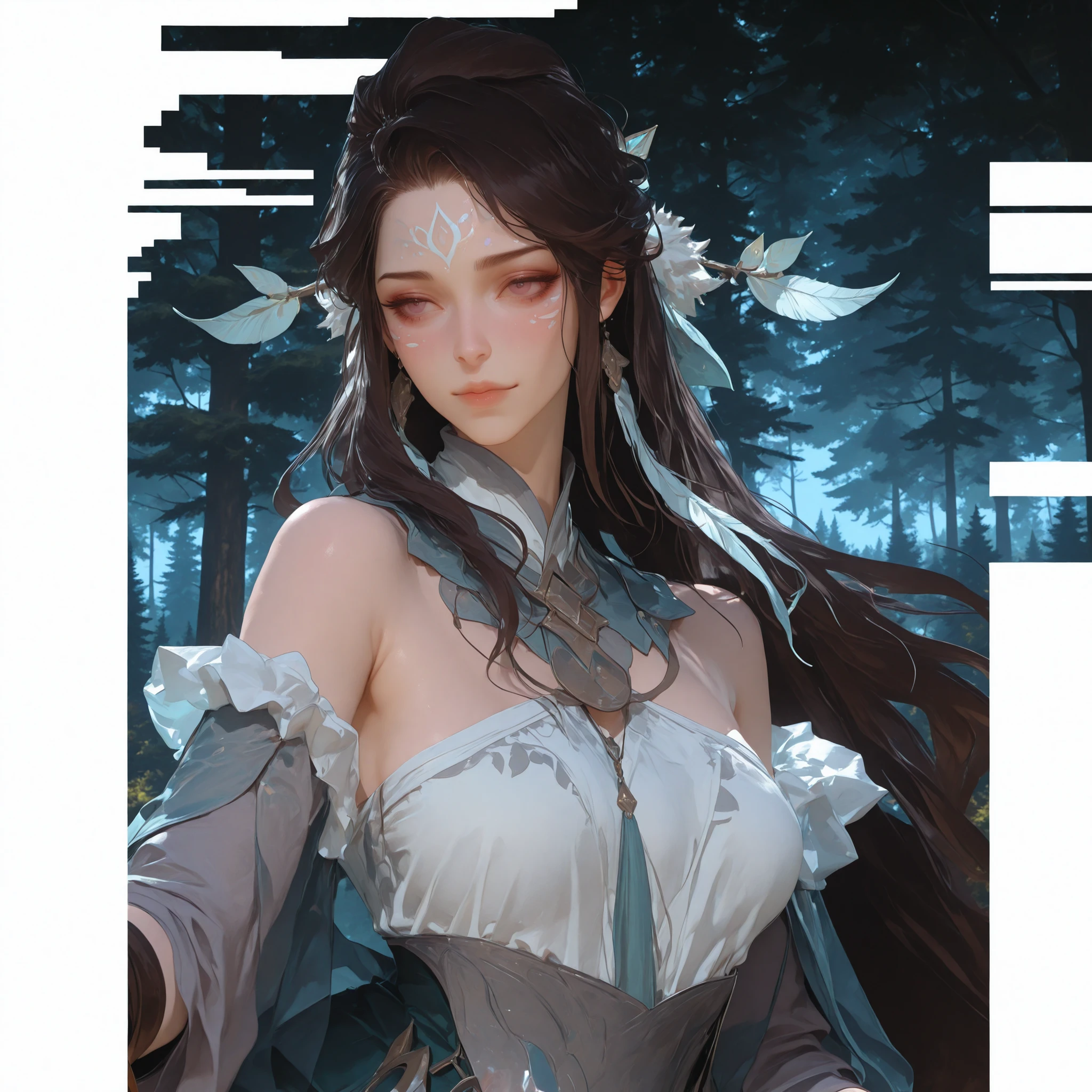 Front view of a woman,Extra large cup, are perfectly detailed,has exquisite facial features, Clothes are exquisite ,forest background, Game Character Design ,3D Rendering