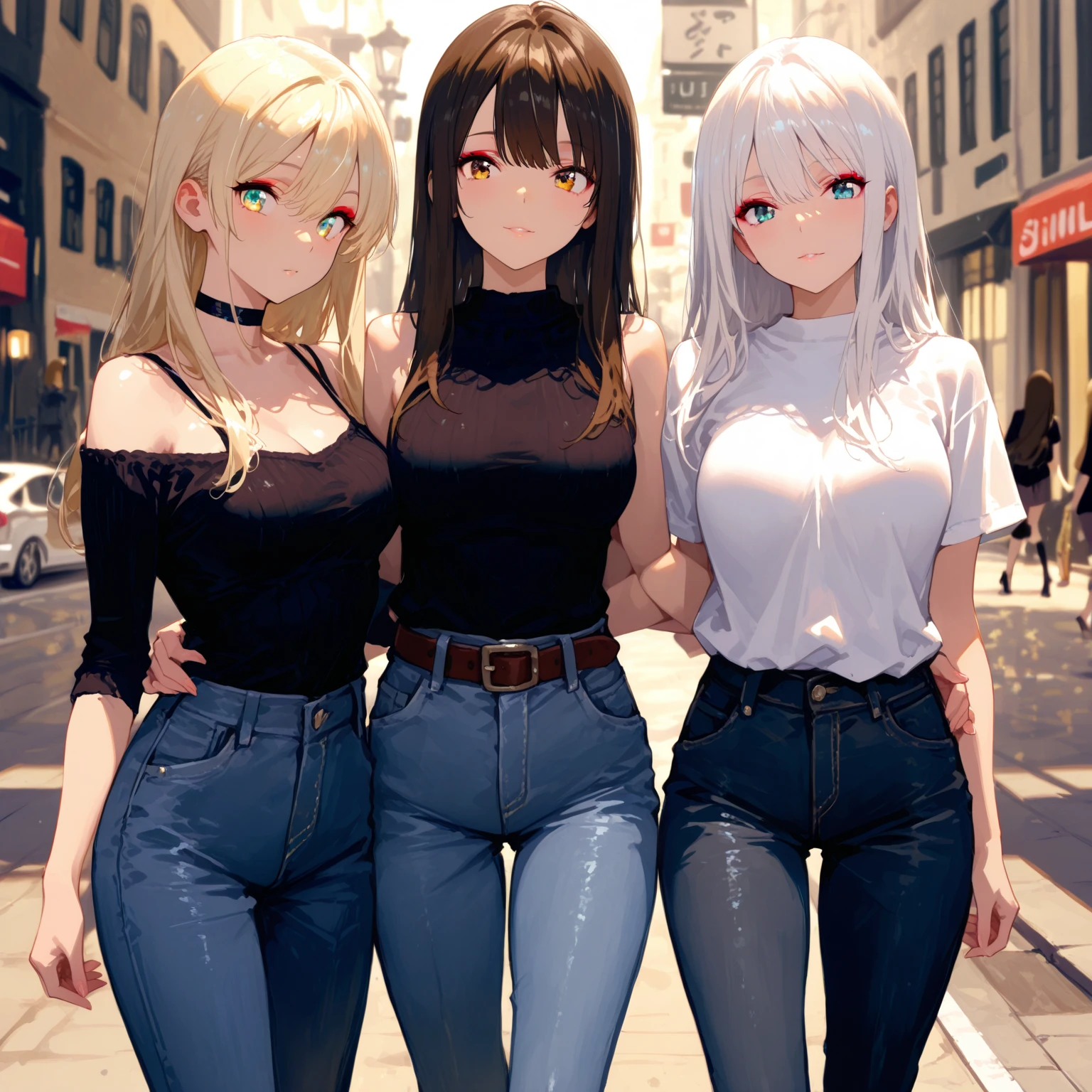 (cute eyes:1.2), (sparkling eyes:1.2), (8K、Best image quality、highest quality、masterpiece)、Detailed face、(Brown Skin:1.3), (2 girls, tall stature:1.2)、Improve、(black hair, blue eyes, long hair, straight hair), (open mouth), (embarrassed), (skinny body:1.3),(huge breasts), (strapless, off-shoulder white sweater:1.2), (cleavage), (midriff peek), (black stockings:1.1), (Thighs:1.2), (Waistline:1.2)