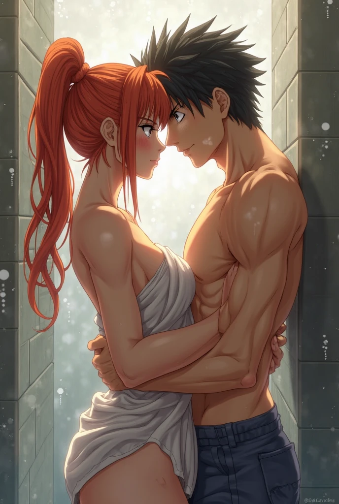 Red hair,wide hips,fully naked, massive hips,very wet body, bathroom, showering, glass walls, big cleavage,very nsfw,Igawa_Asagi, hugged by black a man(faceless),has a big cock,kissing, touching each other.