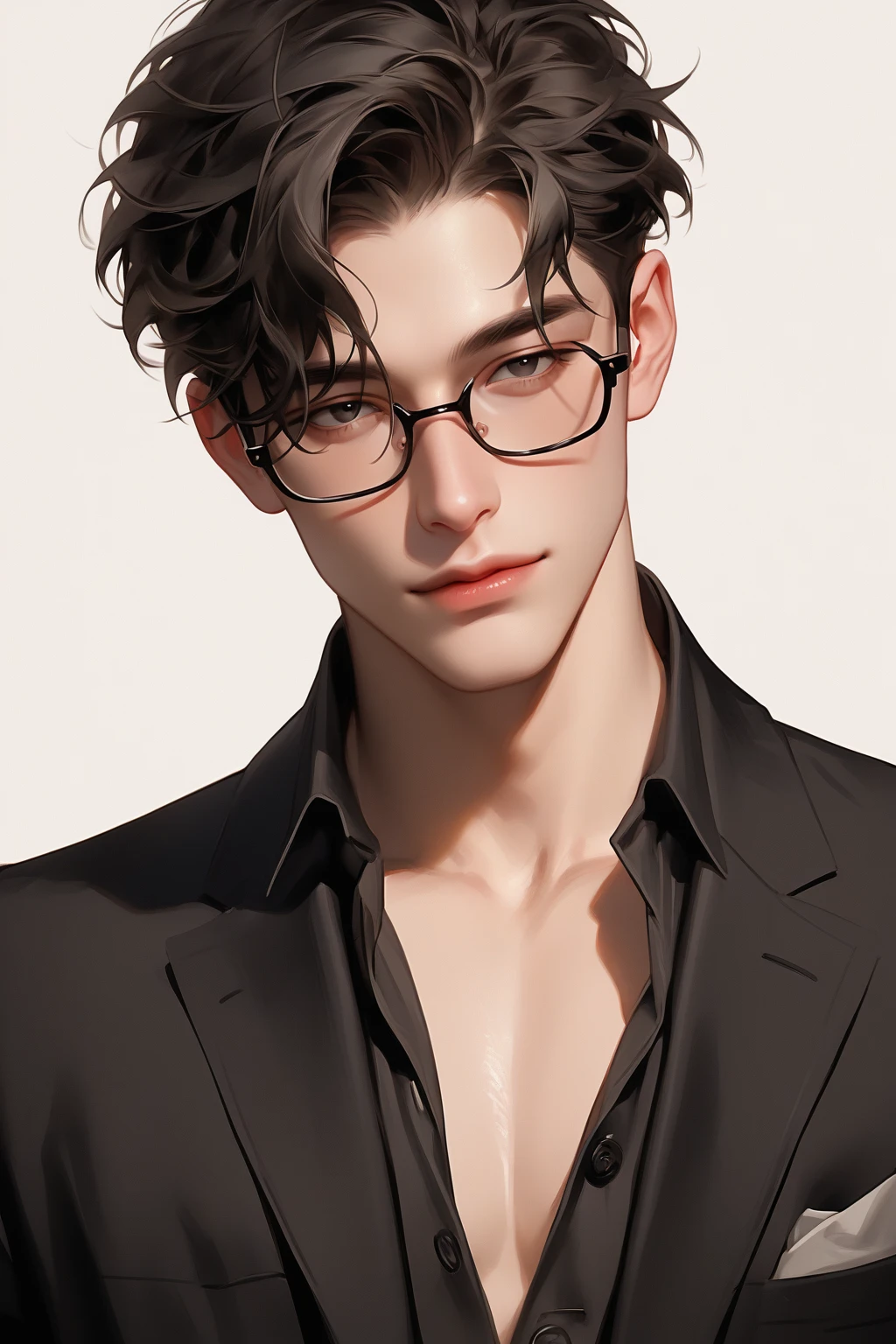 (masterpiece,best quality,ultra_detailed,highres,absurdres),1 mature male, 30-ish, (wide shoulder), ((no chest hair)), male focus, solo, short black Quiff hair with Soft Fringe (bangs part on side 3:7 ratio), simple background, blue eyes, upper body, short hair, looking at viewer, parted lips, round eyewear, wet hair, open black shirt, long sleeves, showing a bit of muscles, bedroom background.