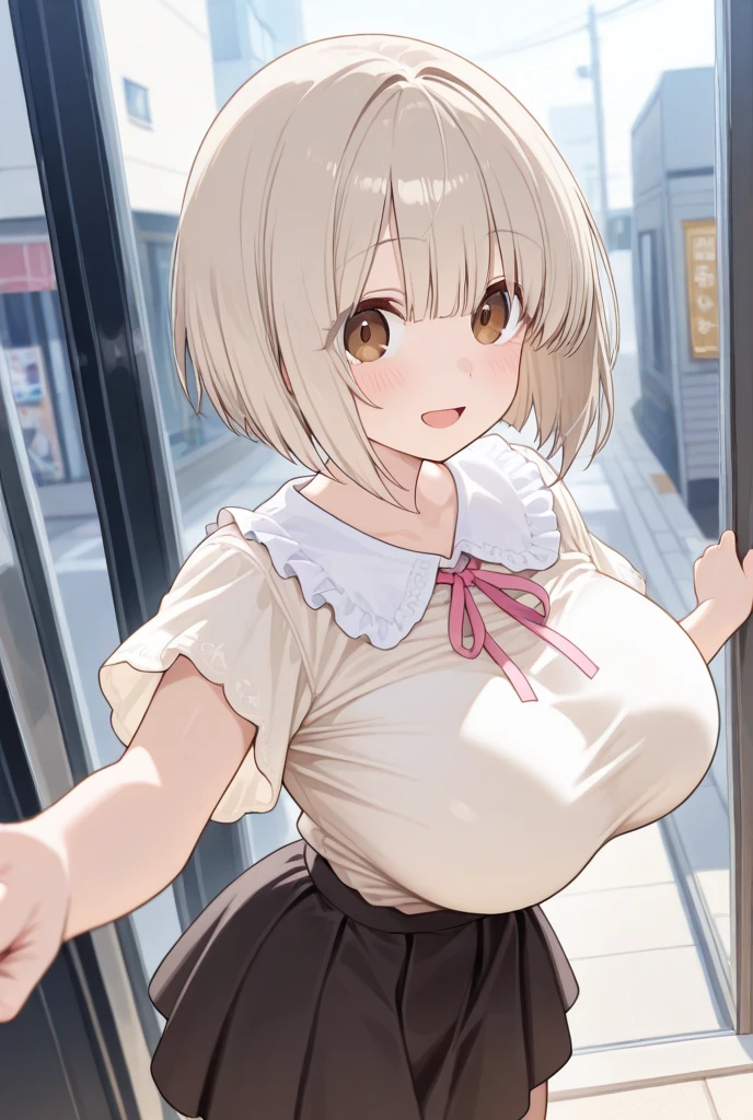 Hentai、Highest quality、A short, chubby, busty female clerk who wears a stylish apron and sells bento lunches at a train station convenience store.、2b、Perfect proportions、Overwhelmingly large breasts、Plump thighs、Fatty legs、Beautiful sparkling eyes、smile、Blushed、Cowboy Shot