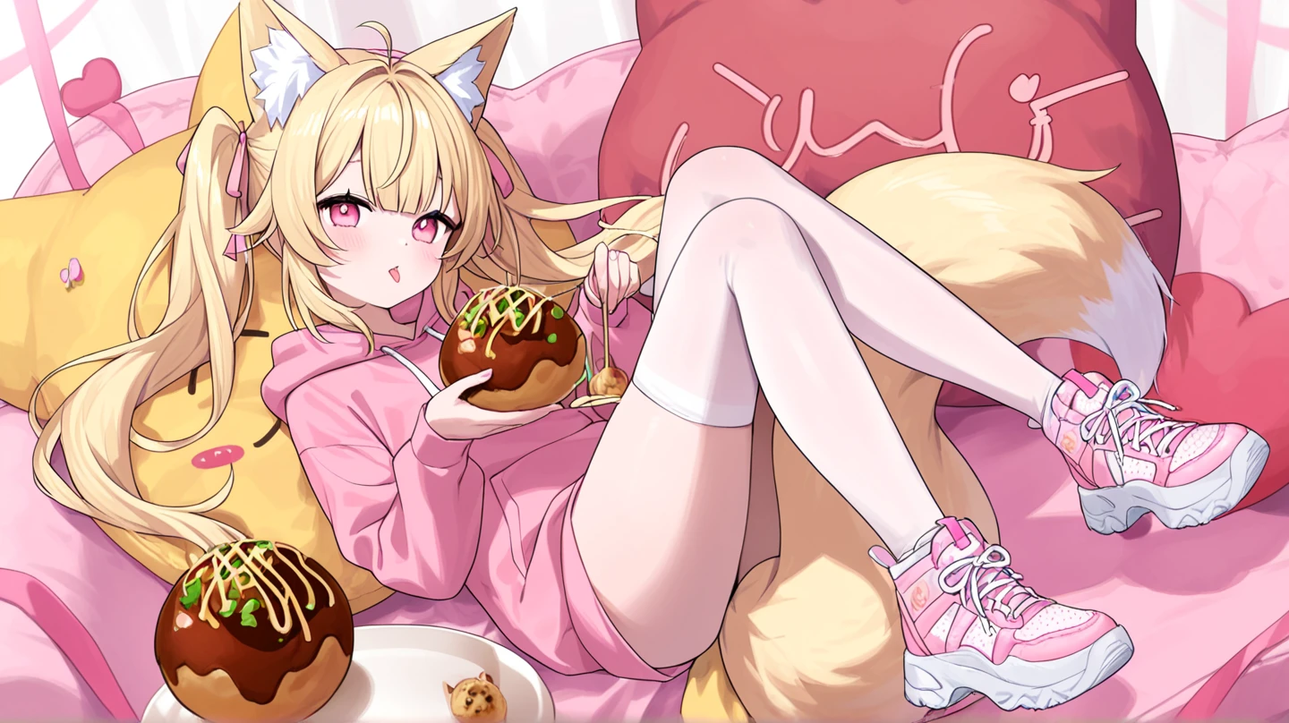 best quality, masterpiece
(), long blonde hair, gradient brown eyes, flat chest, fluffy fox ears fluff
yellow lingerie, long sleeves, white pantyhose, big and fluffy fox tail, no shoes, (soles:1.1)
(sitting on a strawberry cream cake:1.2), arm support
full body, simple background
<lyco:Artist-GuiZhenCao:0.5>