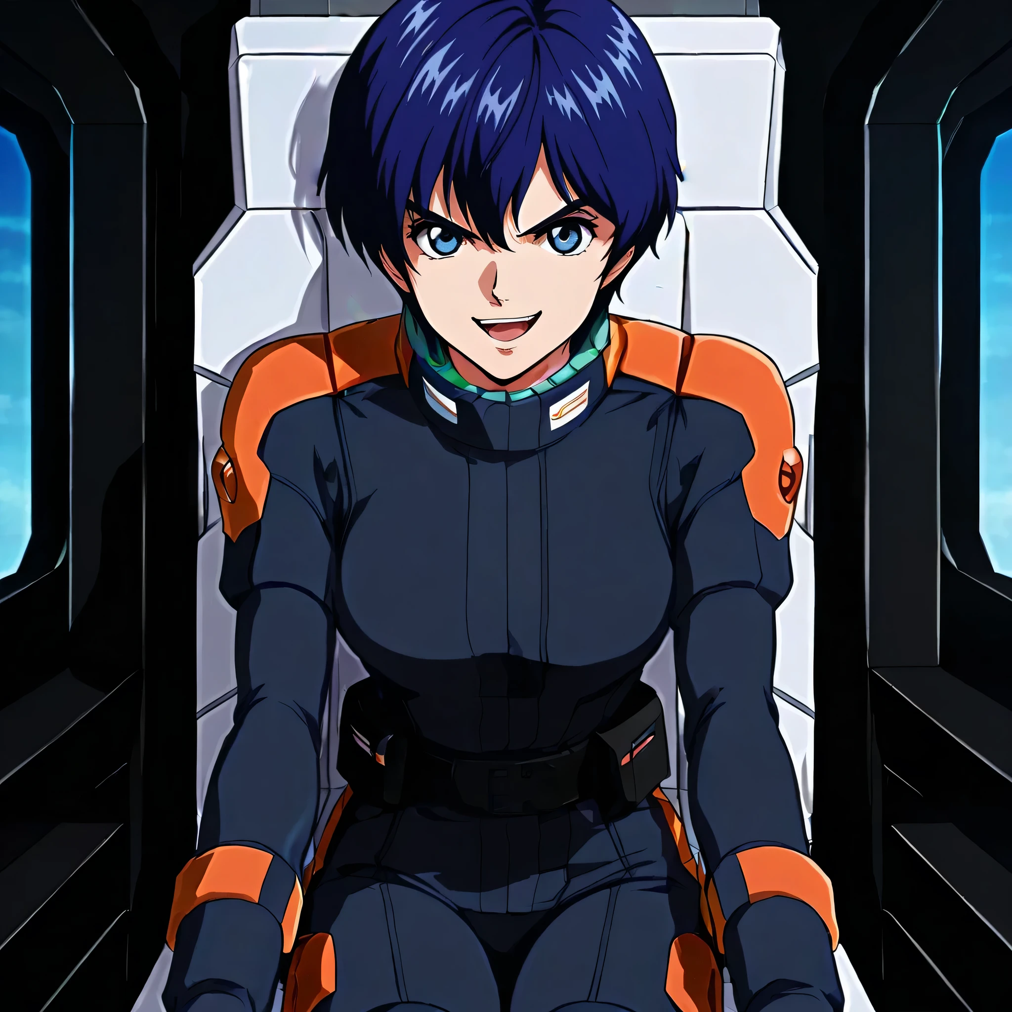 heathrow, short hair, blue hair, blue eyes, smile, open mouth, serious expression,