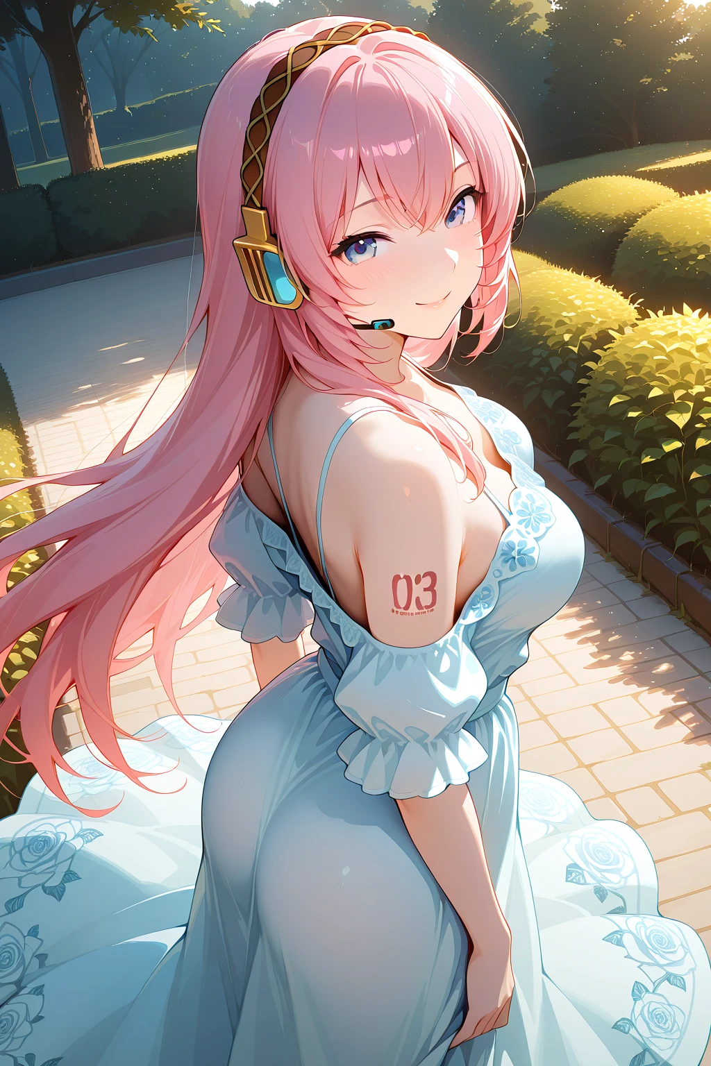 (masterpiece, 4K, highest quality, anime style: 1.9, detailed face, pure white background, thick drawn line, High resolution, anime, lake 4), 1 girl, alone, Curvaceous, long hair, wavy hair, Glowing transparent white dress, thighs, hair ornaments, pink hair, cleavage, big blue eyes, off shoulder, medium breasts, smile, open mouth very much, very slim belly, cowboy shot, leaning forward, I&#39;hungry