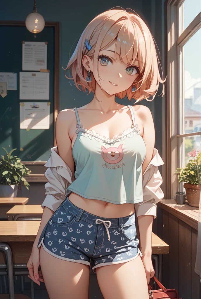 (8k、Highest quality、Highest quality、masterpiece)、Detailed face、One Girl、 Pink Hair、short hair、Twin tails、Blunt bangs、Grey Eyes、Wicked Smile、((Grin))、Small breasts、((White camisole))、((Denim mini skirt))、Cowboy Shot、((I had already finished))、Very large breasts、No pants、Roll up your skirt