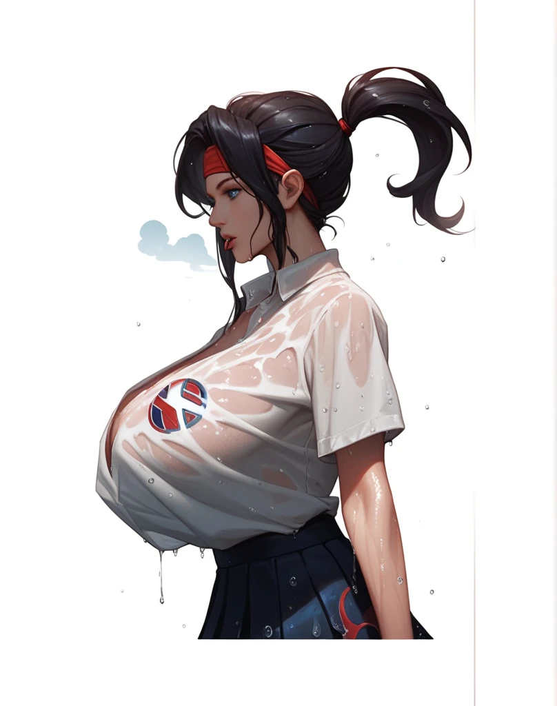 1girl, Large , red sky, white hair, headband, ponytail hair, masterpiece, blue eyes, parted lips, tongue out wet, soaking wet, water dripping everywhere, looking at sword, mini skirt, deep cleavage, marvel print, outdoors, portrait, arms behind head, adjusting hair, cloud, volumetric lighting, red sky background, wind blown hair, wind blown shirt