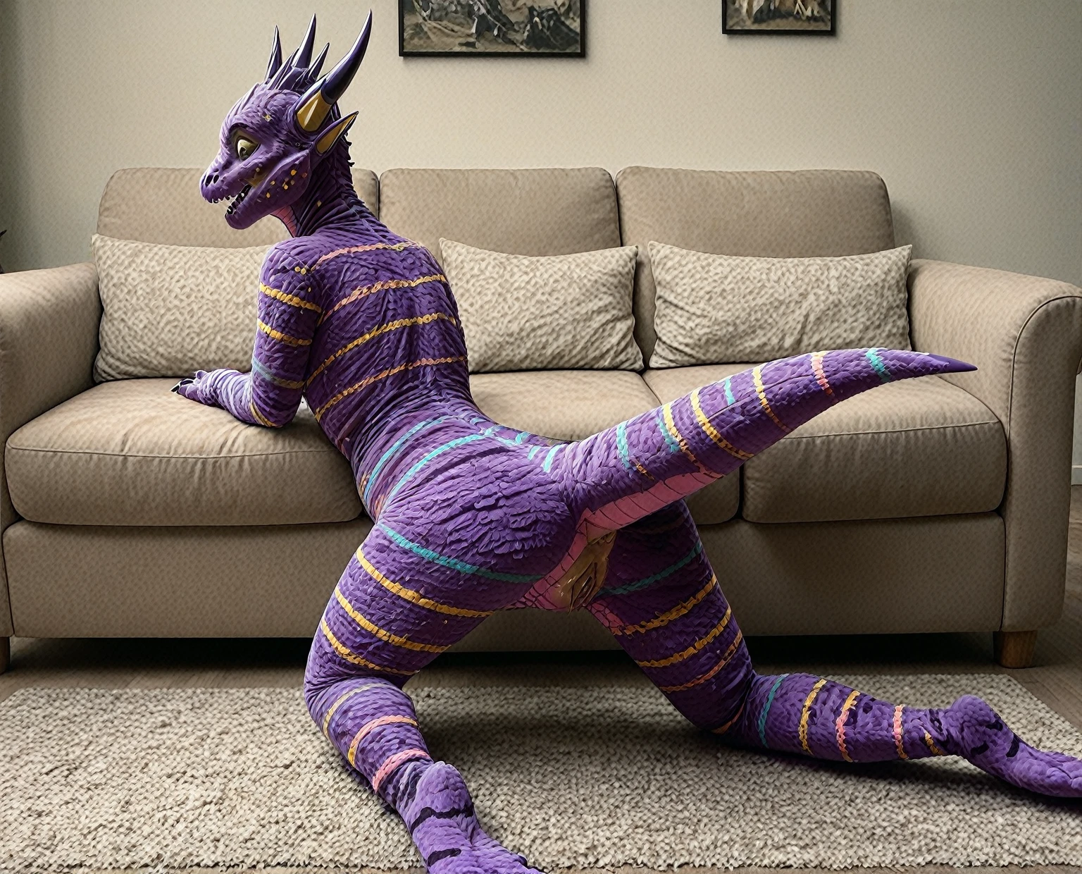 ((best quality)), ((masterpiece)), (detailed), perfect face, A full-body portrait of a young brunette, 24 year old woman lying on the floor, with her entire body, visible from head to talon. ((cute Human face)). She's wearing a lizard costume looking like real scales. Her skin is inspired by a Salazzle, but with a more amphibian, moist, and natural appearance. The costume features vibrant pink, black, and white scales, slender talons. The setting is her living room, showing a comfortable couch and houseplants in the background, lustful gaze, presenting hindquarters, presenting reptilian pussy, looking back at viewer, , BREAK, 8k, hi res, 40mm lens, (Best quality, masterpiece:1.2), beautiful human face:1.4
