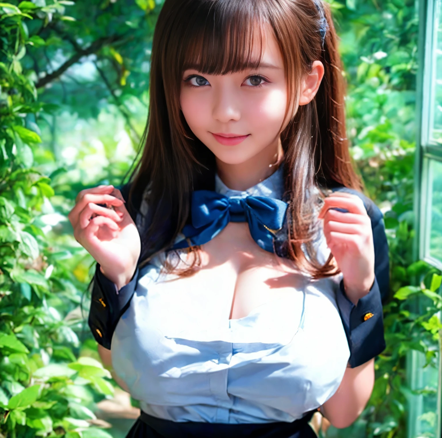 (highest quality、8K、masterpiece、High resolution、genuine、3D),Best Quality、15 years old, (cleavage), elementary school face,lolita,mascara, cute smile, loli, loli、bangs
