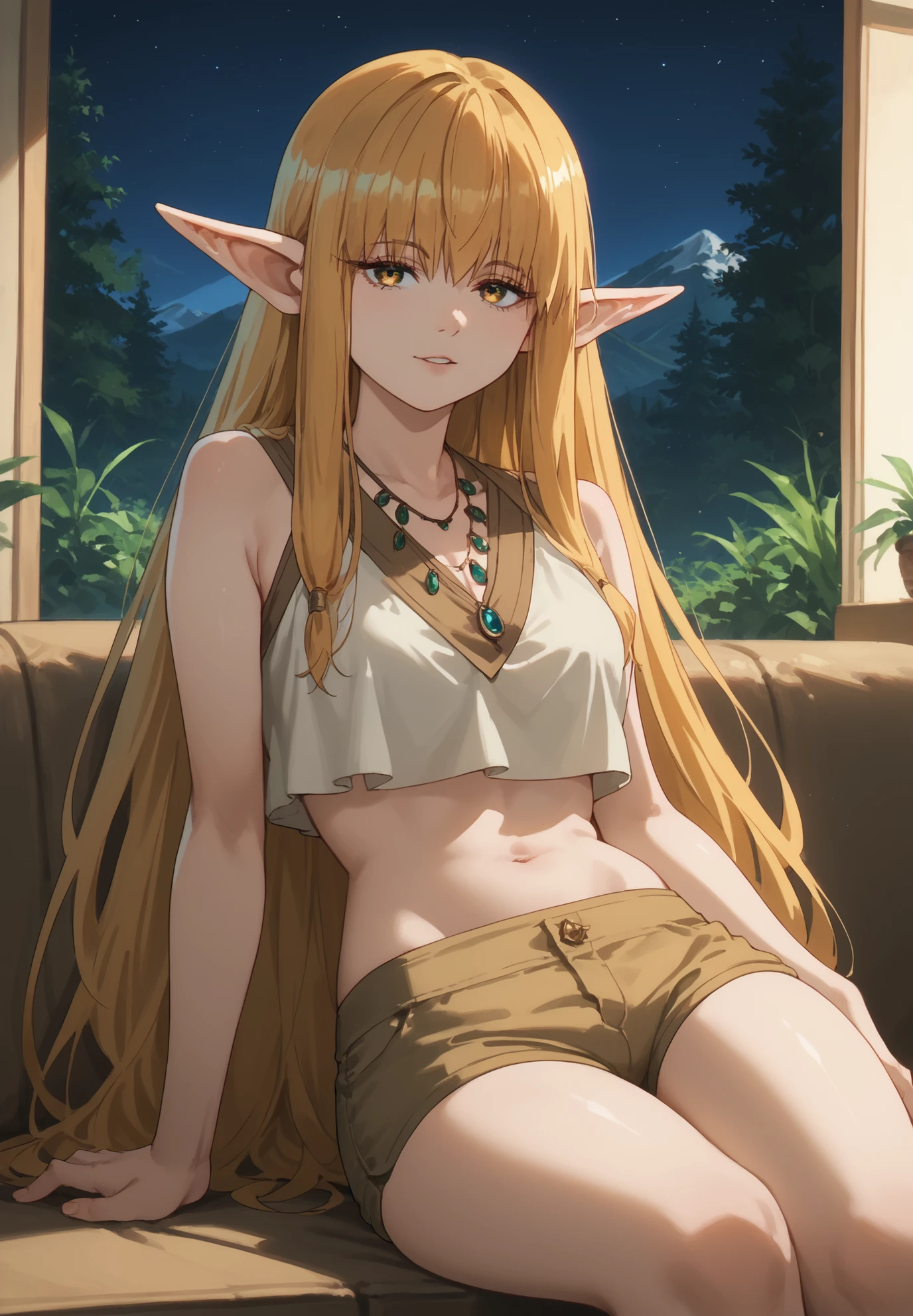 1girl, solo, Serie, Beyond Journey's End, elf, pointy ears, crop top, silk shorts, sitting on a couch, golden hair, golden eyes, sexy pose, alluring atmosphere, mountain cabin, night time, beautiful lighting and shadows,