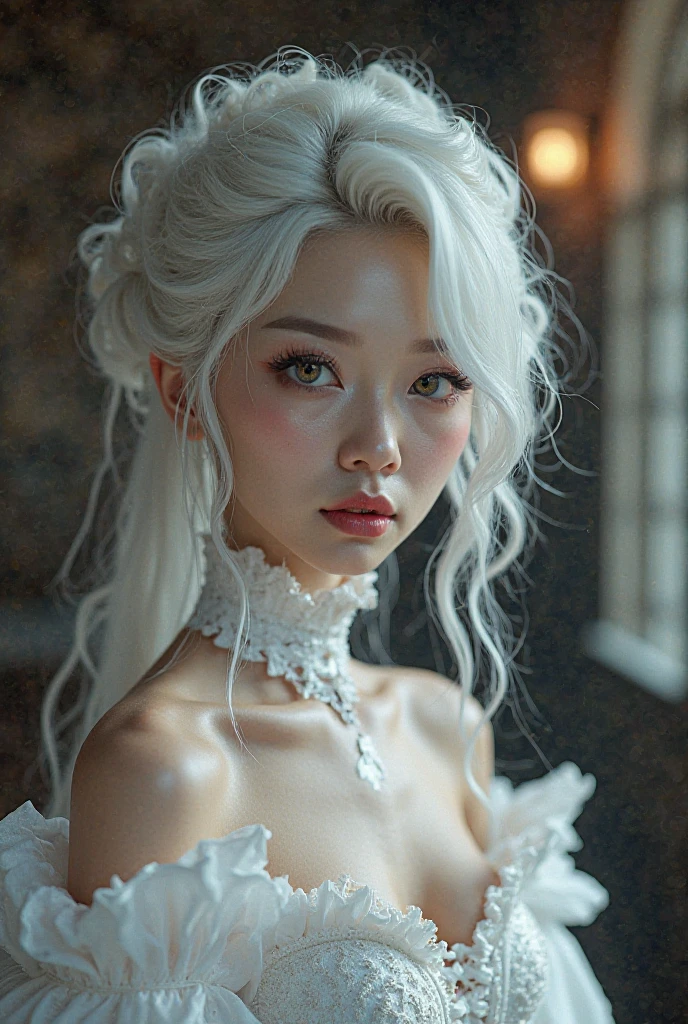 Photorealistic, high resolution, 1 Women, Solo, Hips up, view the viewer, (Detailed face), White hair, Black lace bodysuit