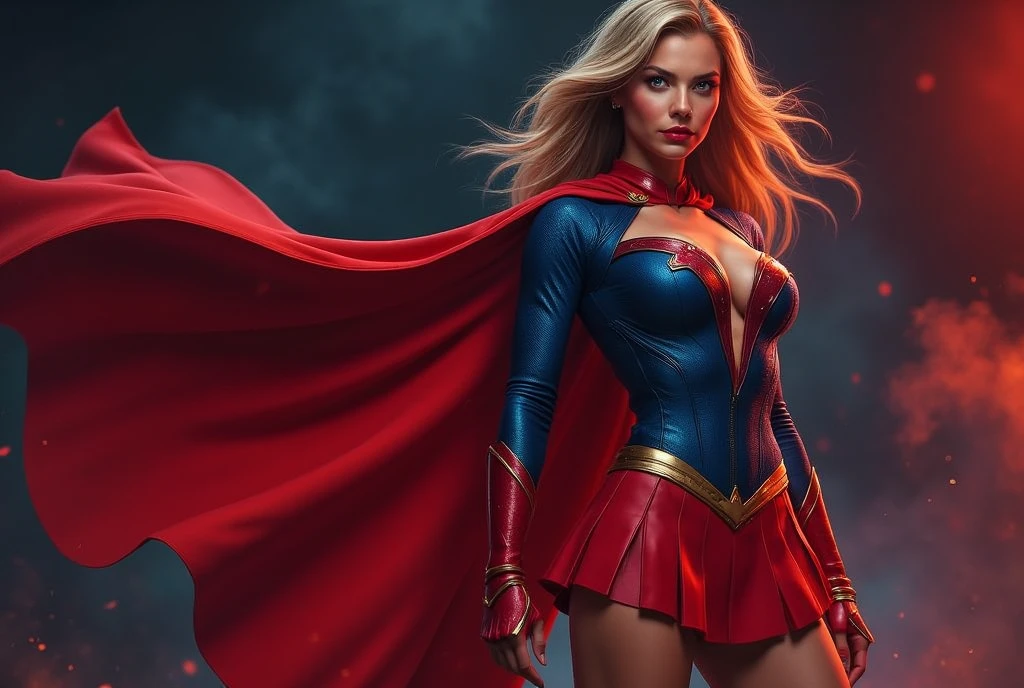 The character Supergirl, extremely beautiful face, perfect red and black costume, extremely beautiful blue eyes, perfect blond hair, smooth curves