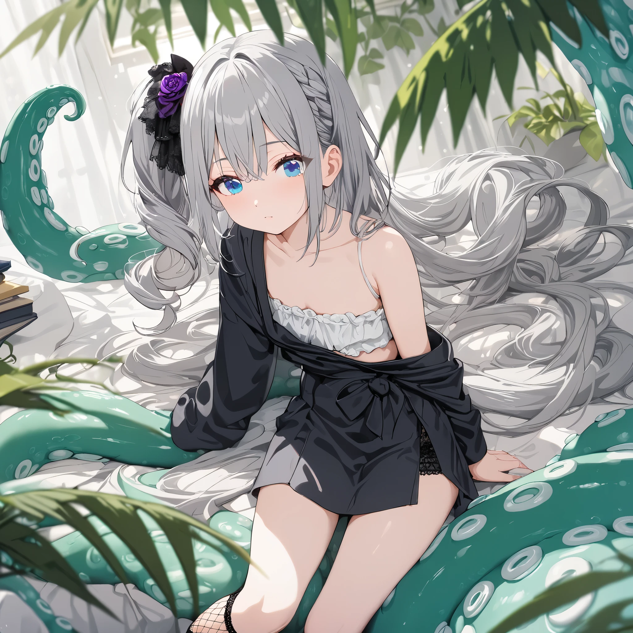 masterpiece, Highest quality,Meteorolite clouds, Swimwear, One girl, whole body, Long-distance shots, bikini, null, Side ties_bikini, justfoot, chest, 一人in, green_null, Looking_in_Audience, cloudy_null, green_bikini, Sitting, length_hair, belly button, Day, Front Tie_superior, building, Front Tie_bikini, off_shoulder, just_shoulders, Spread your legs wide、chestがびきにからはみ出る、Embarrassed、おっぱいがはみinてくる、Entangled in tentacles、Sticky