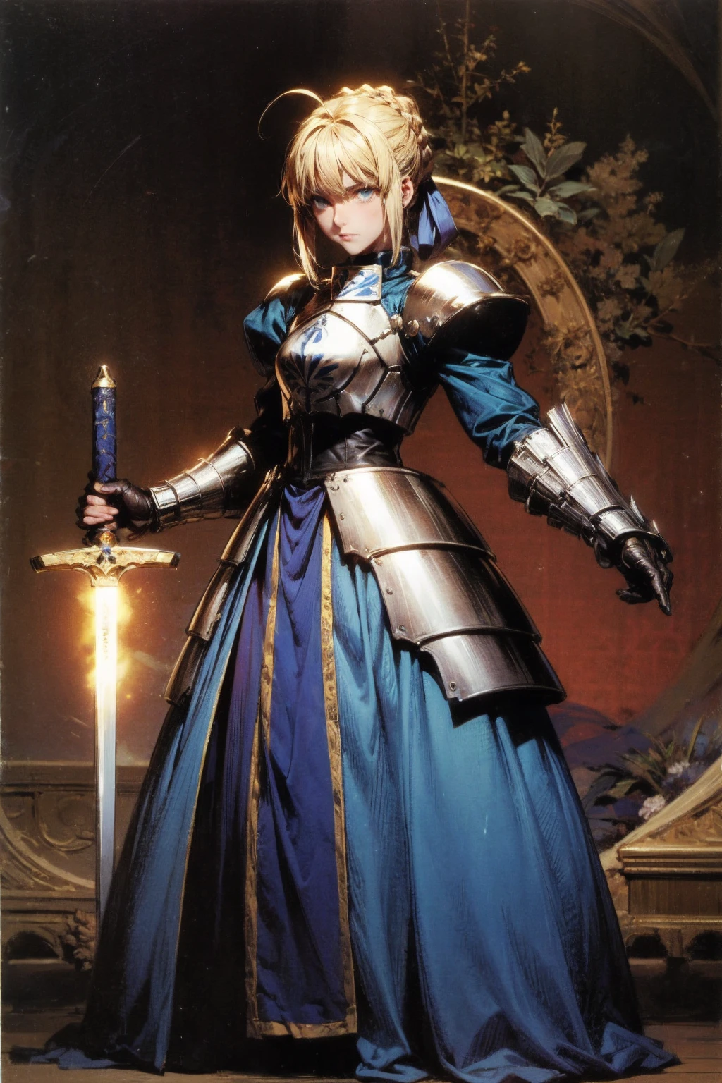 (8k, RAW photo, best quality, masterpiece:1.2),(multicolored hair), (realistic, photo-realistic:1.37), ultra-detailed, ultra high res,1girl, saber, armor, crown, armored skirt,gauntlets, dress,boots, armored dress, ahoge, weapon, blonde hair, green eyes, sword, hair ribbon, ribbon, holding weapon,
Negative prompt: ((((nsfw)))), ((nipples)), EasyNegative, paintings, sketches, ((monochrome)),skin spots, acnes, skin blemishes, age spot, lowres, bad anatomy, bad hands, text, error, missing fingers, extra digit, fewer digits, cropped, worst quality, low quality, normal quality, jpeg artifacts, signature, watermark, username, blurry, bad feet