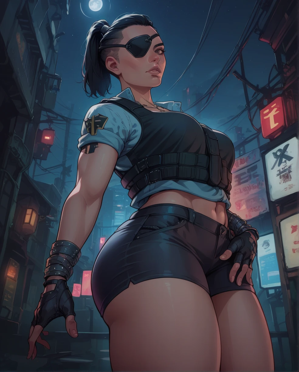 (8k, best quality, masterpiece:1.2) (realistic, photo-realistic:1.37) (full body) 1female solo girl, standing, legs apart (wide stance) standing contrapposto, ultra-detailed, cute (Tifa Lockhart) (large breasts:1.5) (beautiful detailed eyes) (smile:1.2) (closed mouth) sharp focus, depth of field, good composition, Final Fantasy VII, very long straight hair, hair bang ((red_eyes)), intricate, bokeh (Tetsuya Nomura style) perfect breasts, white tank top, black thong, suspenders, gloves, stockings, toned body, athletic, wide hips, thin waist, toned arms, exposed abdomen, view from behind