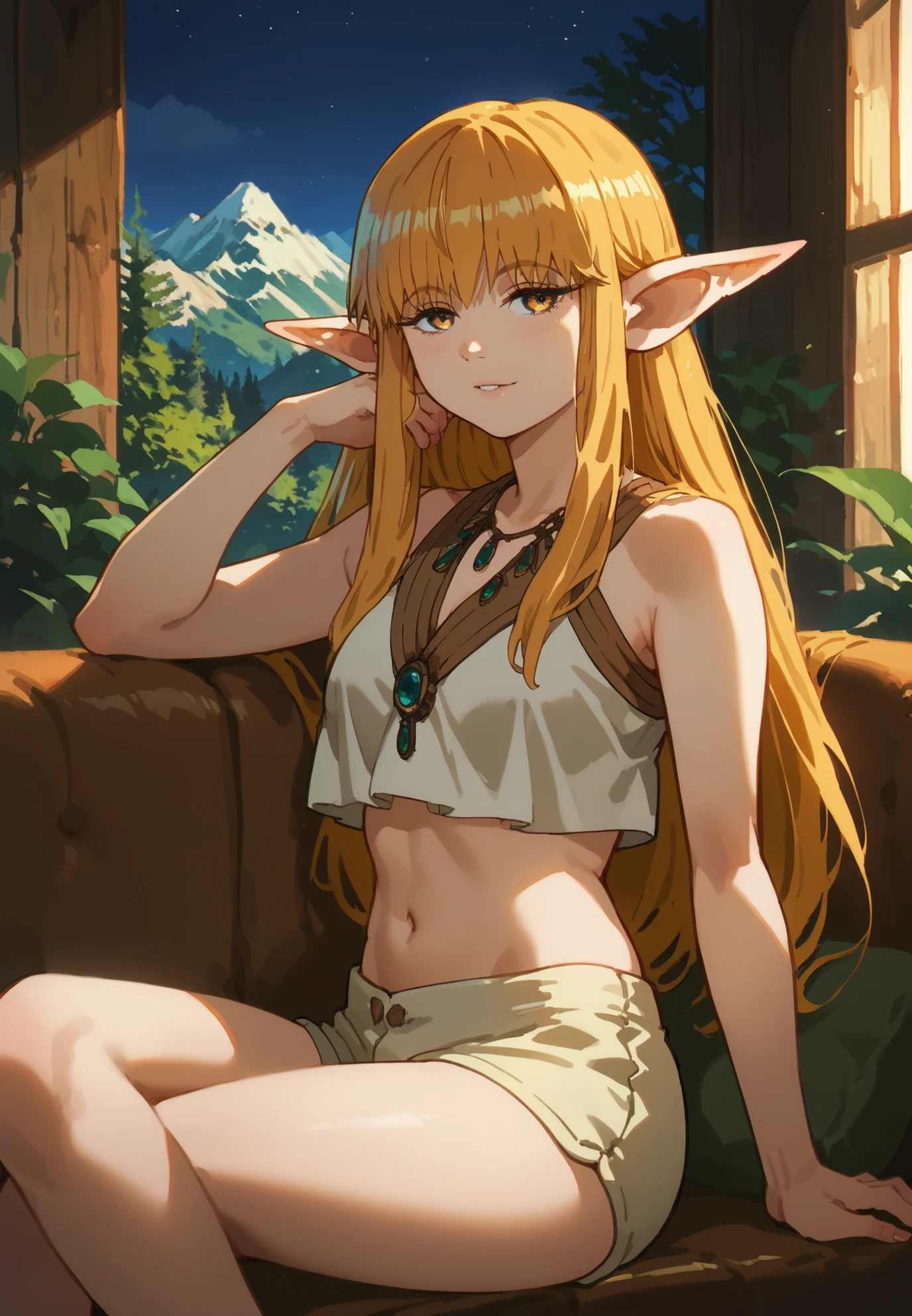 1girl, solo, Serie, Beyond Journey's End, elf, pointy ears, crop top, silk shorts, sitting on a couch, golden hair, golden eyes, sexy pose, alluring atmosphere, mountain cabin, night time, beautiful lighting and shadows,