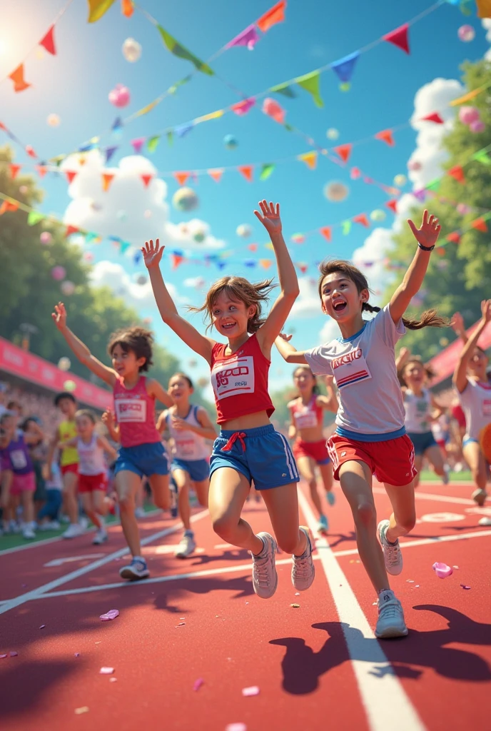 Cute kids running together on the track with smiles on their faces --auto --s2