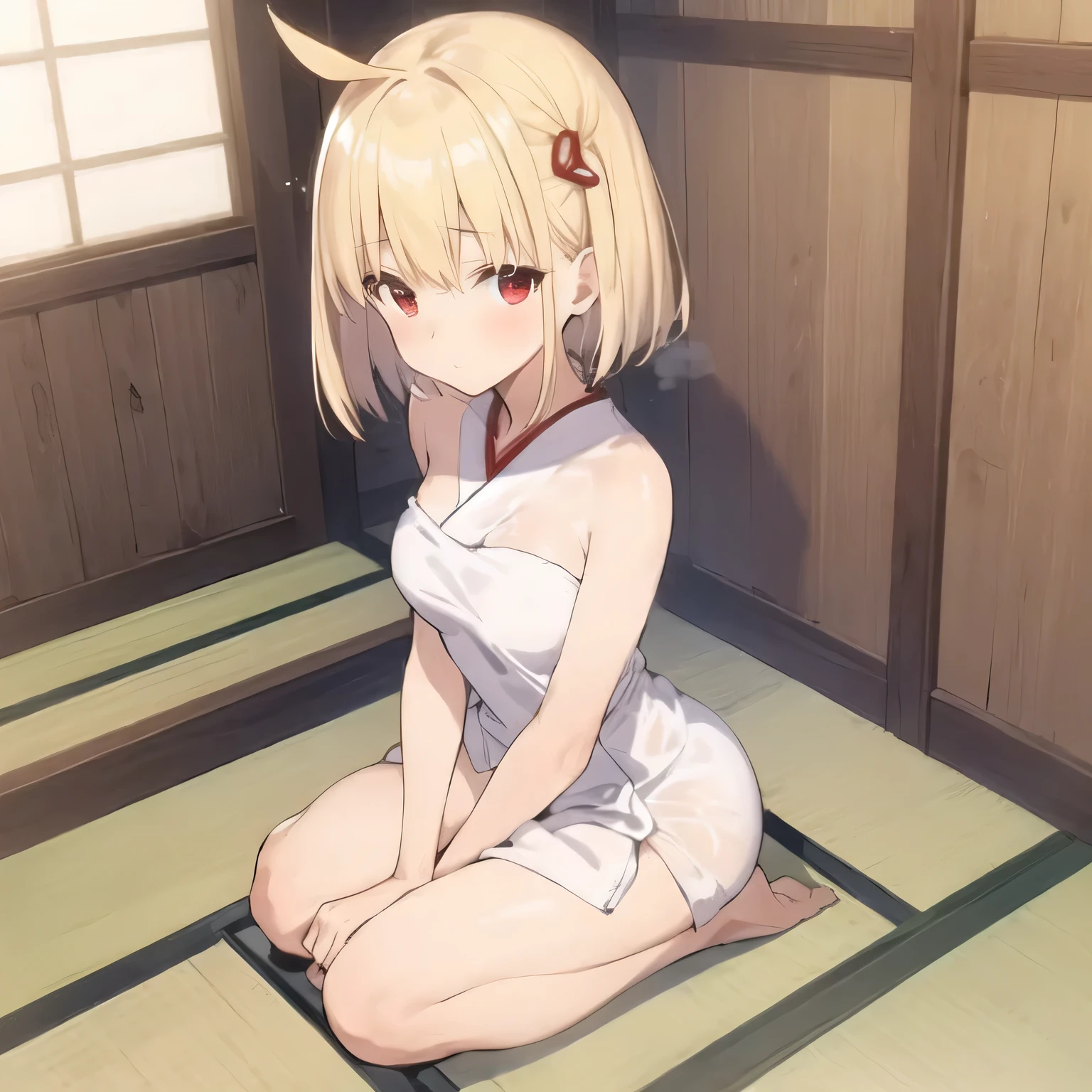 nsfw,Yukari Yakumo, Small breasts,Flat chested, chic, Blonde, Mob Cap, shrine, , naked, at night