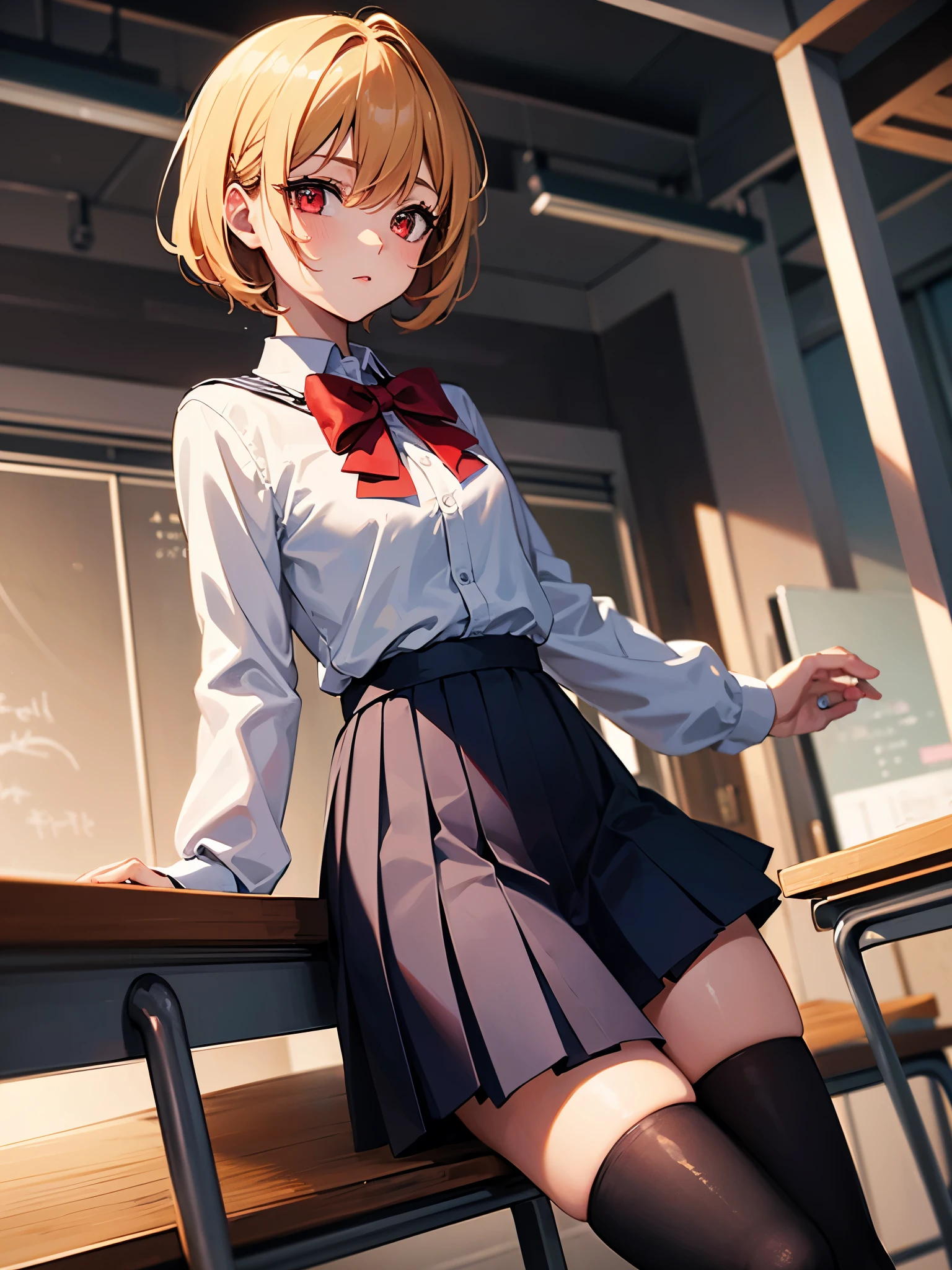 Iroha Isshiki, An 18-year-old Japanese girl with a mature and slender figure, slightly disheveled hair, full body portrait from head to toe, red face, shy expression, composition from the front, composition from slightly below, front view Sitting face to face, legs spread in an M-shape, black pantyhose, (black pantyhose): 1.2), white panties visible, small breasts, white panties visible, no shoes, Bedroom, inside the room, daytime, looking at the viewer, panties, frontal composition, looking at the viewer, slender legs, slender thighs, slim toes touching the floor, soles of the toes A short pleated skirt with a plaid pattern, posing with her hands hidden behind her back, blazer high school uniform, high school girl