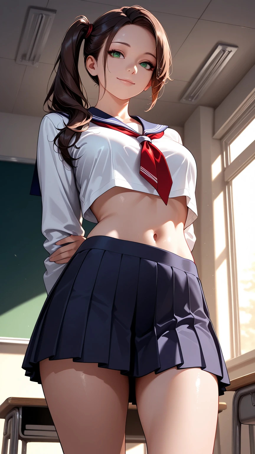 1girl, solo, white polo shirt, white sneakers, tennis wear, white miniskirt, masterpiece, best quality, realistic, hyper-detailed, (shiny skin, sweaty:1.4), absurd, looking at viewer, short black hair, brown eyes, slender, dynamic lighting, high resolution, sharp focus, depth of field, detailed eyes, sharp pupils, realistic pupils, (small breasts:1.6), (thick thighs:1.0), outdoor, sky