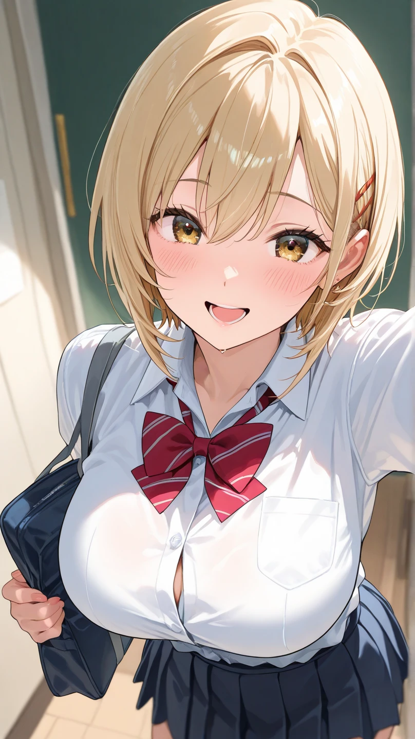 woman、 Age 25, Brown eyes, Shiny skin、Long brown hair, Wearing a white shirt, Big Breasts,Center View, High resolution, Ultra Sharp, 8K, masterpiece、Cafe、Crowded store、、Spread your legs、Spread your legs、Grin、Hunchback、((おteethをアピール))、おteeth、おteeth、Pleated skirt、The gesture of hiding pants、Leaning forward、(((Deep valley)))、Wet Panties、teeth、teeth、