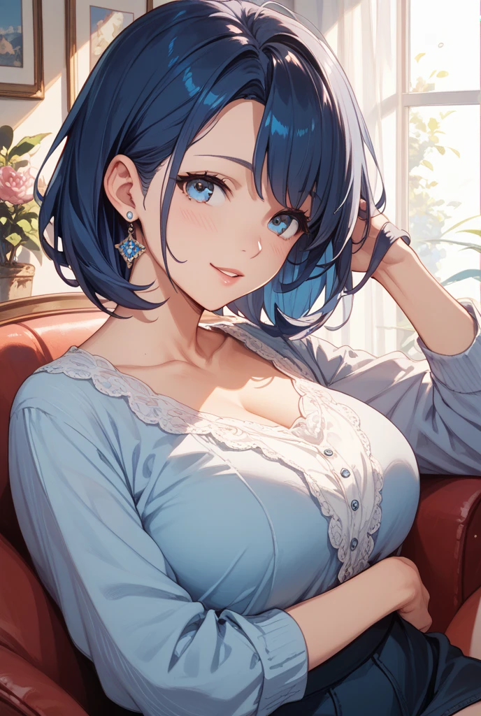 score_9, score_8_up, score_7_up, source_anime, solo, 1girl, blush, shy, looking at viewer, black hair, blue eyes, one piece, indoors, rating:safe, on couch, fancy loveseat, balcony, night, night time,  after dark, moonlight, couch, front view, face focus,  safe for work, dress, covered, clothes, standing, pants, blue dress, huge breasts, huge thighs, moaning, ecstasy, lewd face, ahegao, spread legs, fishnet clothing, fishnet stocking 