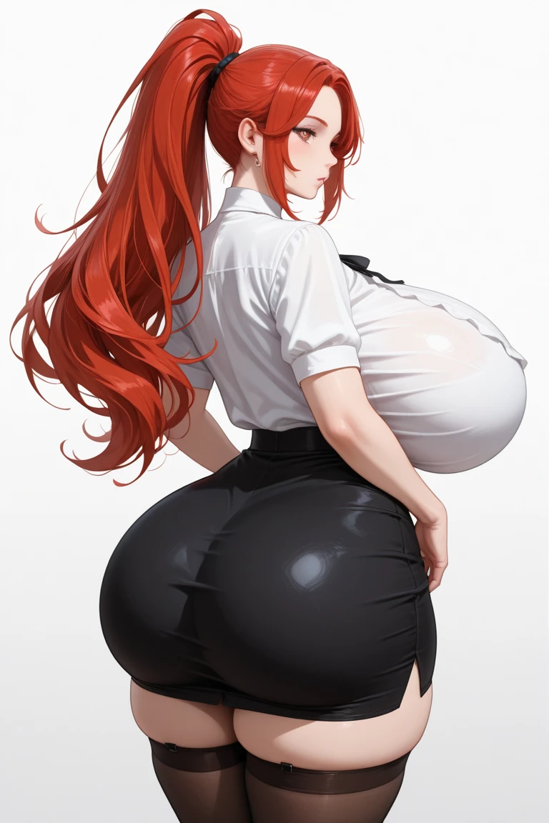 a woman in a White shirt sitting on a ledge, Makima from csm, beautiful anime girl squatting, Makima, thicc, she wears a black formal pant, Makima, looking from behind, back pose, full growth from the back, in full growth from the back, seductive anime girl, anime woman, Red hair. Bra strap and Underpants are lines visible can see through the clothes. Wet clothes