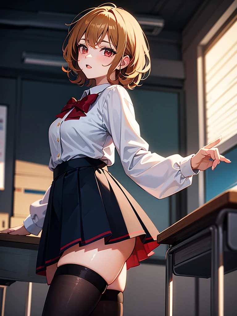 8K UHD, Digital SLR, Soft lighting, High quality, ((best quality)) ((best quality)), ((masterpiece)), (detailed), 4k image, anime style, beautiful teenage anime girl, black A-line pleated skirt, white formal shirt, fair caramel brown skin, symmetrical face, plump lips, blood red sanguine eyes, African looks, small breasts, toned thin slender body, small narrow waist, short height, waist length pixie cut hair, sleek dark red hair, small curvy hips, phoenix eyes, small nose, European style , white sheer thigh-high stockings, low-top boots