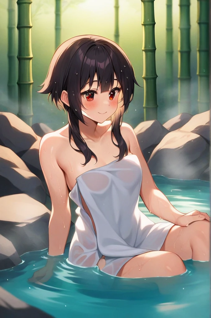 (masterpiece、Highest quality、In 8K、32k、masterpiece、Hmph、Ultra-high resolution、Impressionism、Photorealistic:1.2)、Cowboy Shot、Sharp focus、Detailed face and eyes、Beautiful Face、Blurred Background、Glowing Skin、Sharp pupils、Realistic students、Beautiful Face、Blurred Background、18 year old beautiful girl、Glowing Skin、short hair、Side Ponytail、White scrunchie、Black and beautiful hair、Black brown eyes、(Completely naked)、(Full nudity)、(Erect nipples)、(Pussy)、(clitoris)、(hot spring、bathing:1.2)、Thighs Thighs Thighs Thighs、curve、Dynamic pose、Powerful composition、A troubled smile、I'm in a hurry、Watery eye、sweating、(Steamed:1.2)、Slightly droopy eyes、night、moonlight、hot spring、Open-air bath、sit