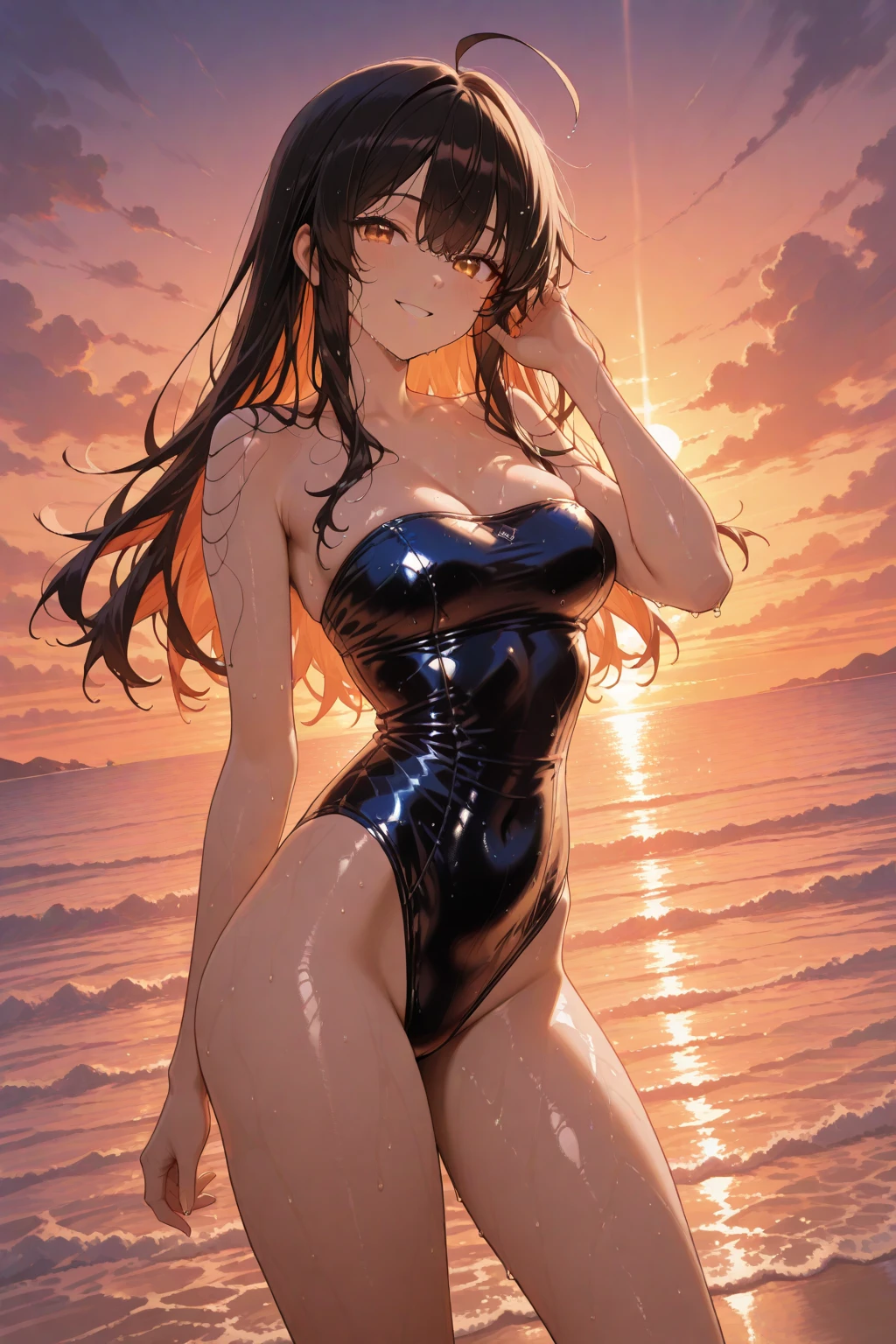 masterpiece, highest quality,Perfect Anatomy,1 girl, Aoikan, Long Hair, Brown Hair, Braiding, (Brown eyes:1.5), smile,
break , Medium chest, naked, Exposed Skin, (Wet Skin:1.5), (Put your arms behind your head, Underarm),
break (Ocean:1.2), Beach, (sunset:1.2), Evening
break looking at viewer, (Cowboy Shot:1.3),
break (masterpiece:1.2), highest quality, High resolution, unity 8k wallpaper, (shape:0.8), (Fine and beautiful eyes:1.6), Highly detailed face, Perfect lighting, Highly detailed CG, (Perfect hands, Perfect Anatomy)