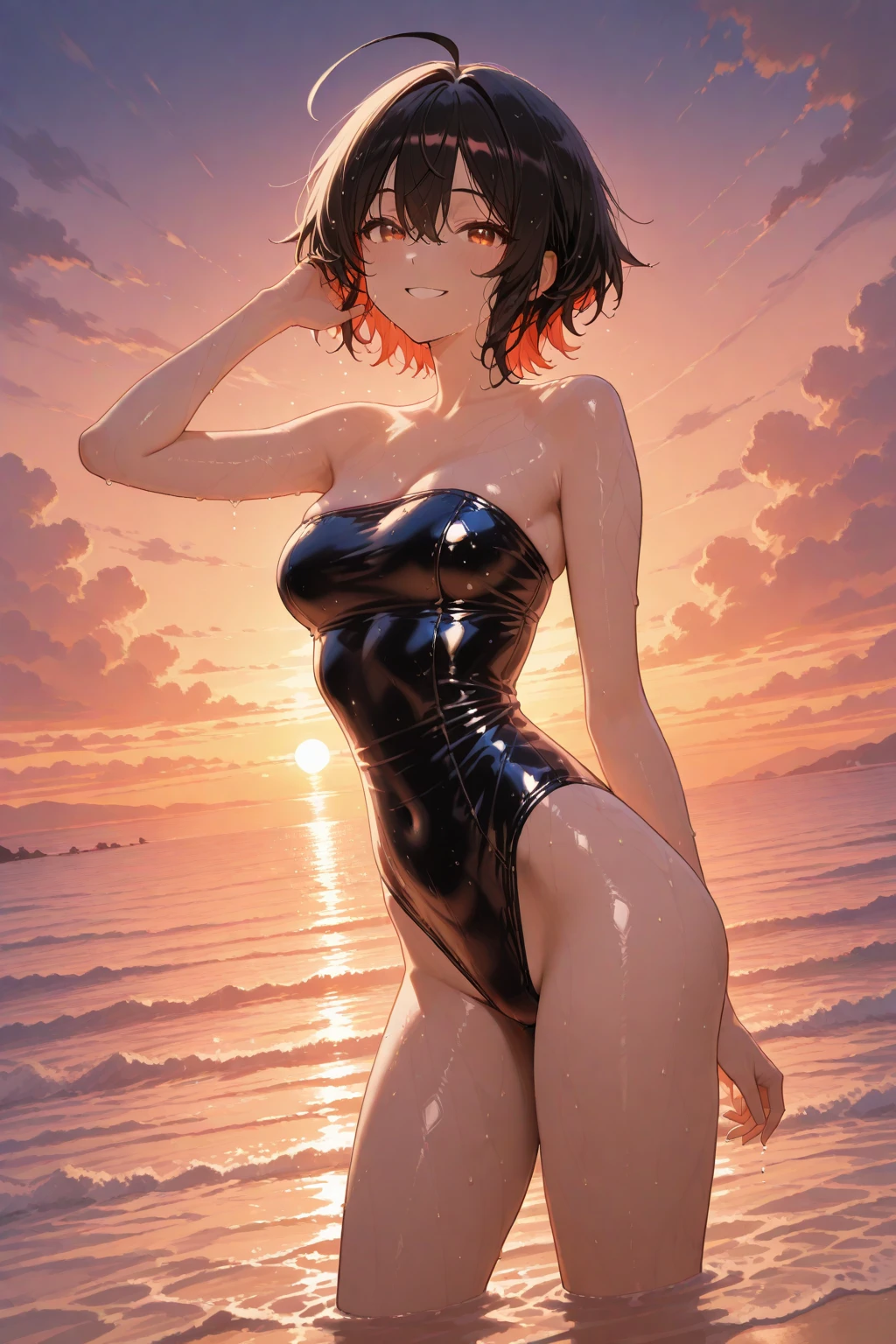 8K分辨率,Refined features,Perfect face,Glowing skin,High Details,latex_high leotard,Milky mucus body,Wrap the whole body,Transparent liquid texture,Upright_straddle,sunraise,Eau,,beachside