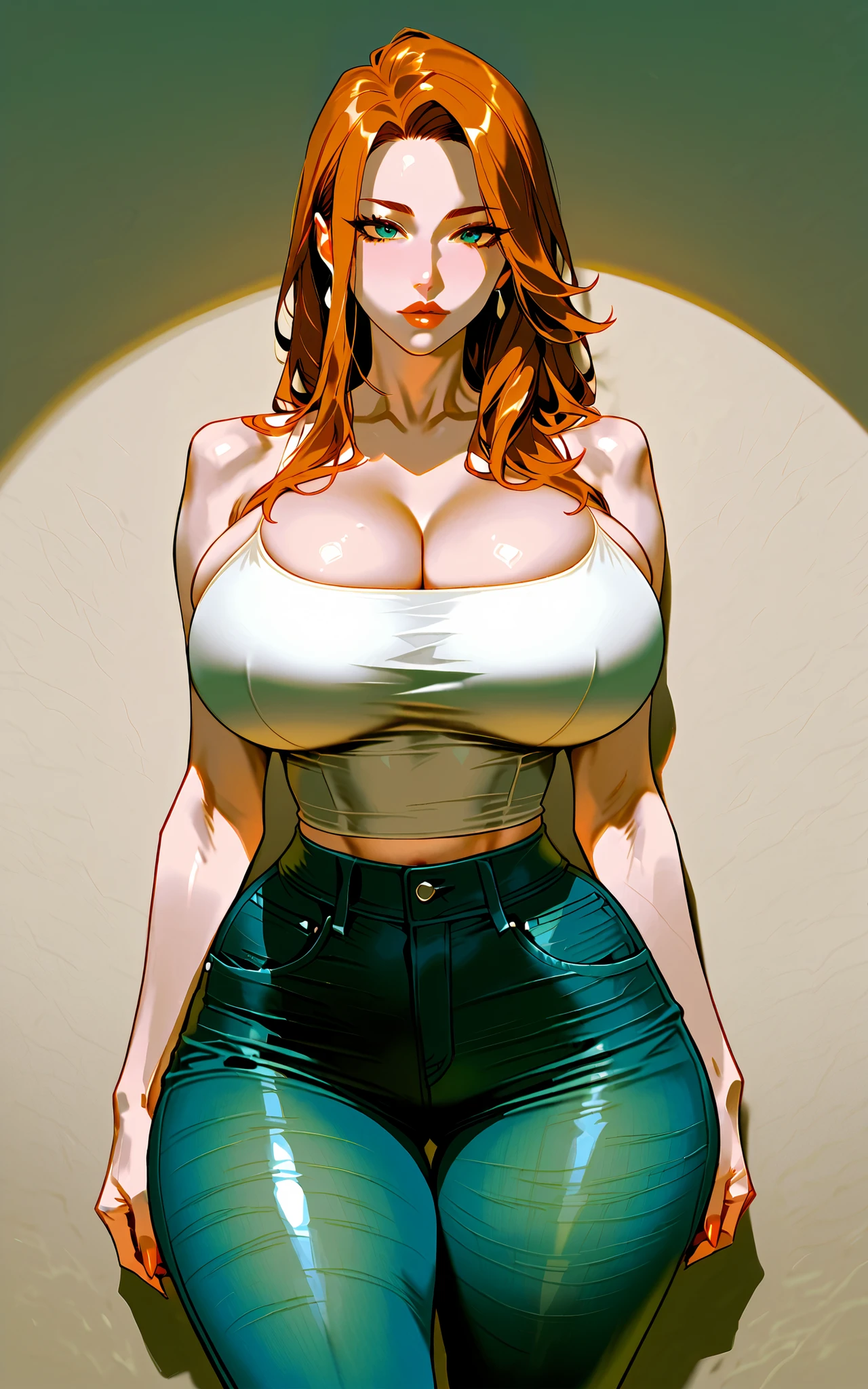 high quality, perfect lighting , cara detallada, detailed body, a girl, Alone , ( skinny jeans), standing , Also, ((Also)) round shape :1.2, big breast, thick thighs, wide hips , narrow waist , Desde atrás
