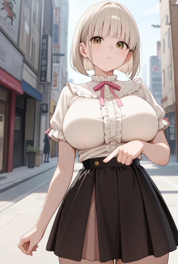 (8K、Highest quality、highest quality、masterpiece)、Detailed face、One girl、((ガラスに胸を押し付ける1.4))、、short hair、、blunt bangs、Grey Eyes、、、((Blazer jacket uniform))、((Pleated skirt))、((No panties))、((bent over))、Back Alley Background、Very large breasts、Nipples are visible、、Black Pantyhose、Milk dripping from nippleilk spurting from the nipple、、Open your mouth、Troubled face、Love juice from the genitals、Full body portrait、Walking around the city、One man、Hearts in the eyes、Sex with a man