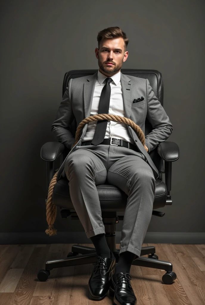 There is a handsome young Malay lawyer from Malaysia named Zarul (21) hands,legs with luxury loafers, yellow socks tied with ropes to the chair and eyes covered with cloth in the old warehouse
