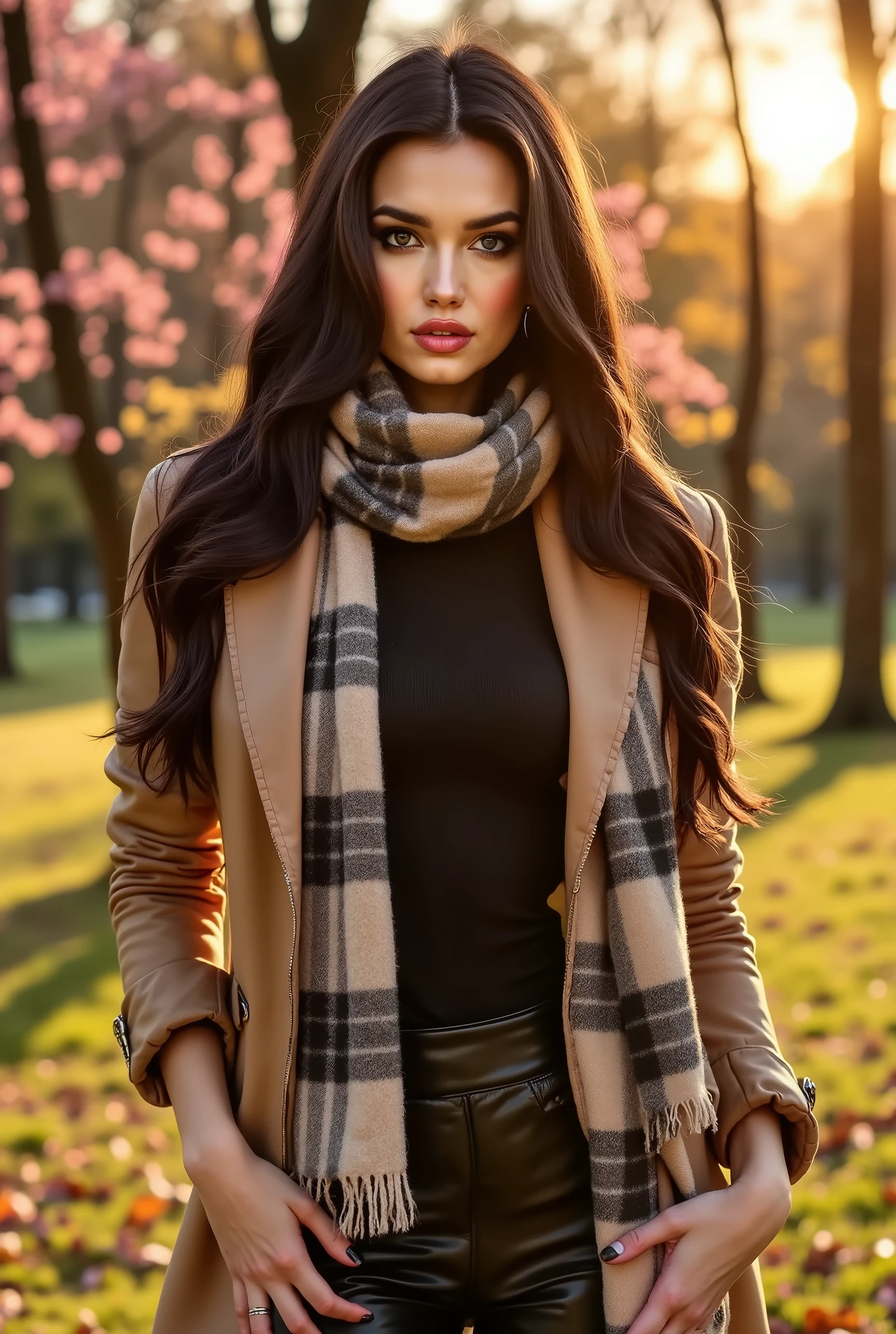 beautiful woman, dark eyes, her long hair is styled in a sleek updo, high quality, beautiful details, beautiful woman, posing in a park wearing a scarf and a jacket, plaid scarf, pink blossom trees, perfect body, perfect make-up, high resolution, seductive, leather pants, perfect hands, detailed hands, (sunset:1.3), perfect make-up, cannon 6d, octane render, power pose, striking, expressive look, alluring look, determined look, strong eyeliner, elegant, graceful, natural beauty, magnetic, charismatic, versatile, photogenic, backlit