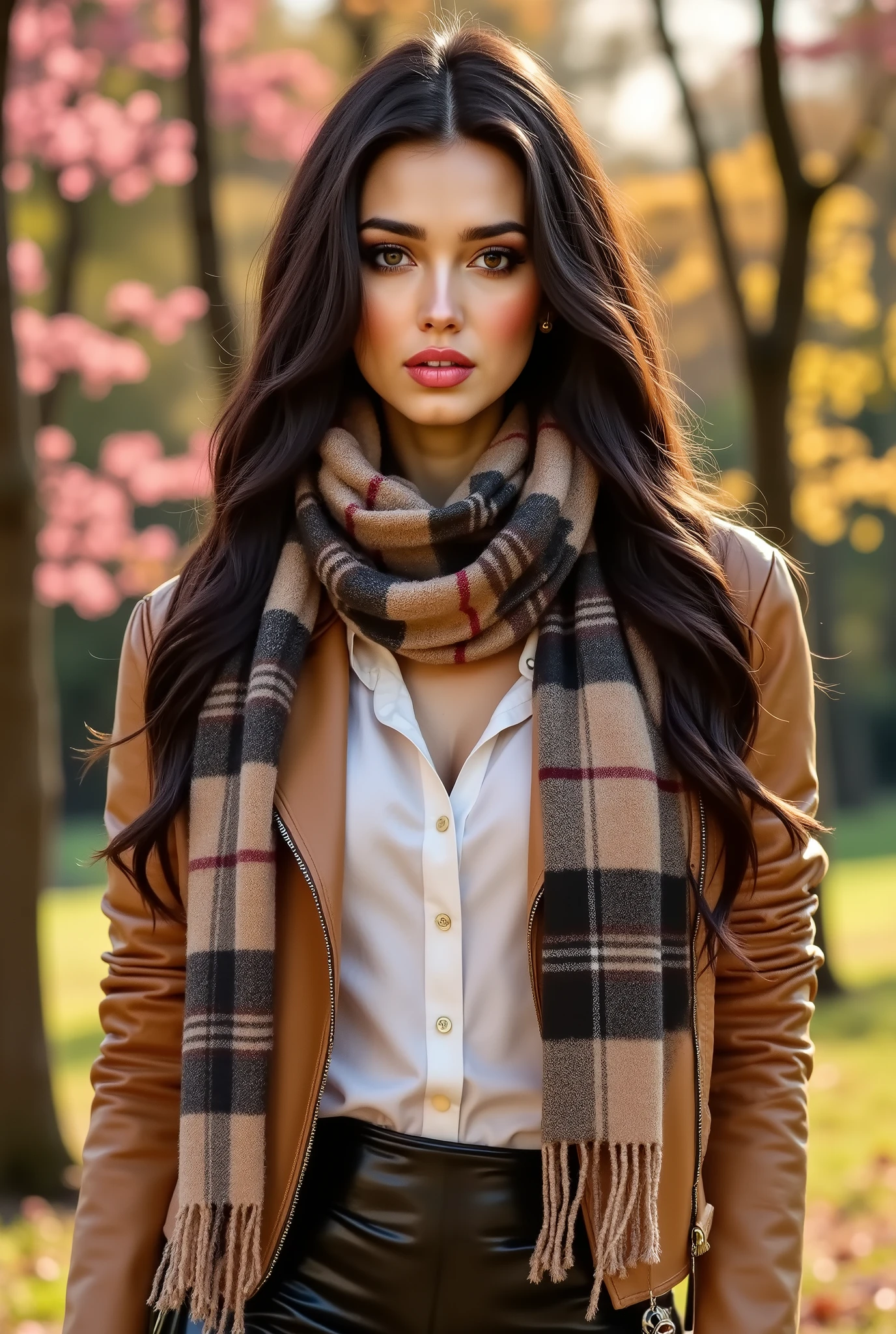 beautiful woman, dark eyes, her long hair is styled in a sleek updo, high quality, beautiful details, beautiful woman, posing in a park wearing a scarf and a jacket, plaid scarf, pink blossom trees, perfect body, perfect make-up, high resolution, seductive, leather pants, perfect hands, detailed hands, (sunset:1.3), perfect make-up, cannon 6d, octane render, power pose, striking, expressive look, alluring look, determined look, strong eyeliner, elegant, graceful, natural beauty, magnetic, charismatic, versatile, photogenic, backlit