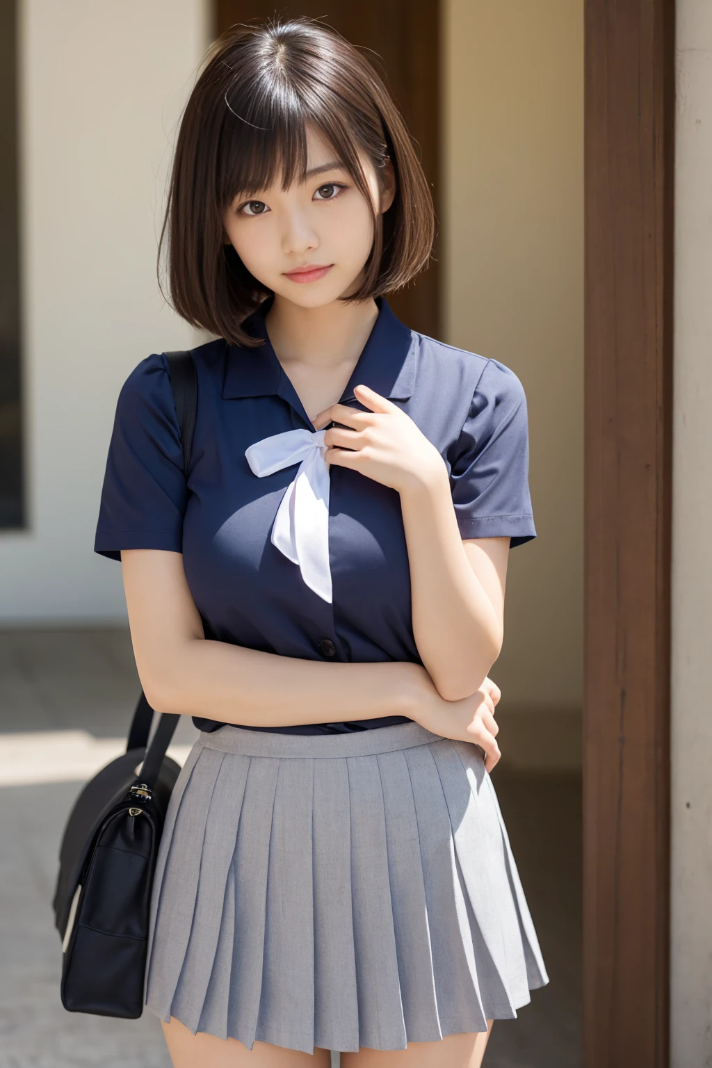 1girl, extremely cute face, Amazing face and eyes, (highly detailed eyes, highly detailed face), (hyper-realistic, hight resolution), (best Quality:1.4), Raw photo, (Realistic, Photorealsitic:1.37), Professional Photography, Cinematic Light, (big breasts:1.3), (school uniform, pleated mini skirt:1.5), Her legs are open, her lingerie is visible, outdoor, city,high detail skin,Emphasize the cleavage,smile,(short bob cut hair style:1.3)