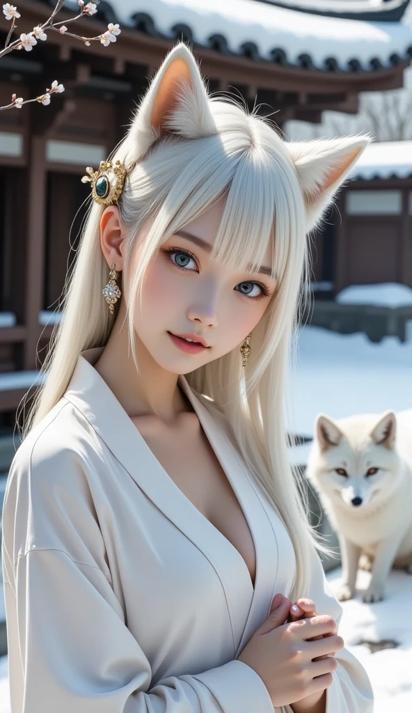 Hide in the ancient shrine、Hair flows、 ((highest quality、masterpiece、8k、best image quality、ultra high resolution、Award-winning work)、(accurate anatomy:1.1)、(look at me and smile:1.1)、Shining fair skin with ultra high resolution、most detailed face、ultra high resolution detailed face、ultra high resolutionの髪の毛、(ultra high resolutionの煌めく瞳:1.1)、Beautiful face drawn in every detail、(blurred background:1.1)、ancient shrine maiden clothes, chest together, tattoo、white fox aside