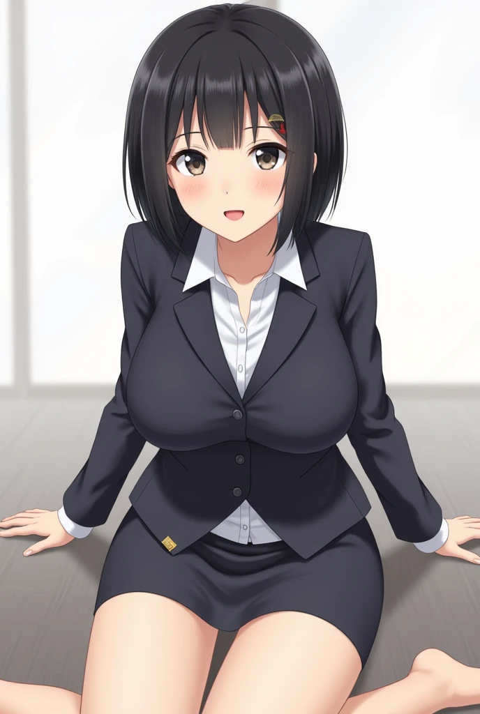 Score_9, Score_8_up, Score_7_up, Score_6_up, Score_5_up, Score_4_up, Source_anime, Tag1, Tag2, Quality_masterpiece, Anatomically correct, Beautiful face, Perfect face, Highly detailed beautiful face and eyes, Attractive face, Detailed face, Delicate facial features, Detailed skin, Huge breasts, Curvy, Voluptuous, Wide , Huge , Gargantuan , Thick thighs, Fat body, Shiny skin, Oily skin, Bob cut, Black hair, Air bangs, Sidelocks, Slutty, Full lips, Thick lips, Eyelashes, Mole under eye, Seductive smile, Naughty face, Embarrassed, Blush, Shy, Drunken eyes, Looking pleasured, Aroused BREAK Rating_explicit, (Erection under clothes:1.3), Sexually , Implied , Looking at viewer, Reverse suspended congress, Spread legs, Office lady, Suit jacket, Collared shirt, Pencil skirt, Panties, Cameltoe, Pussy juice stain