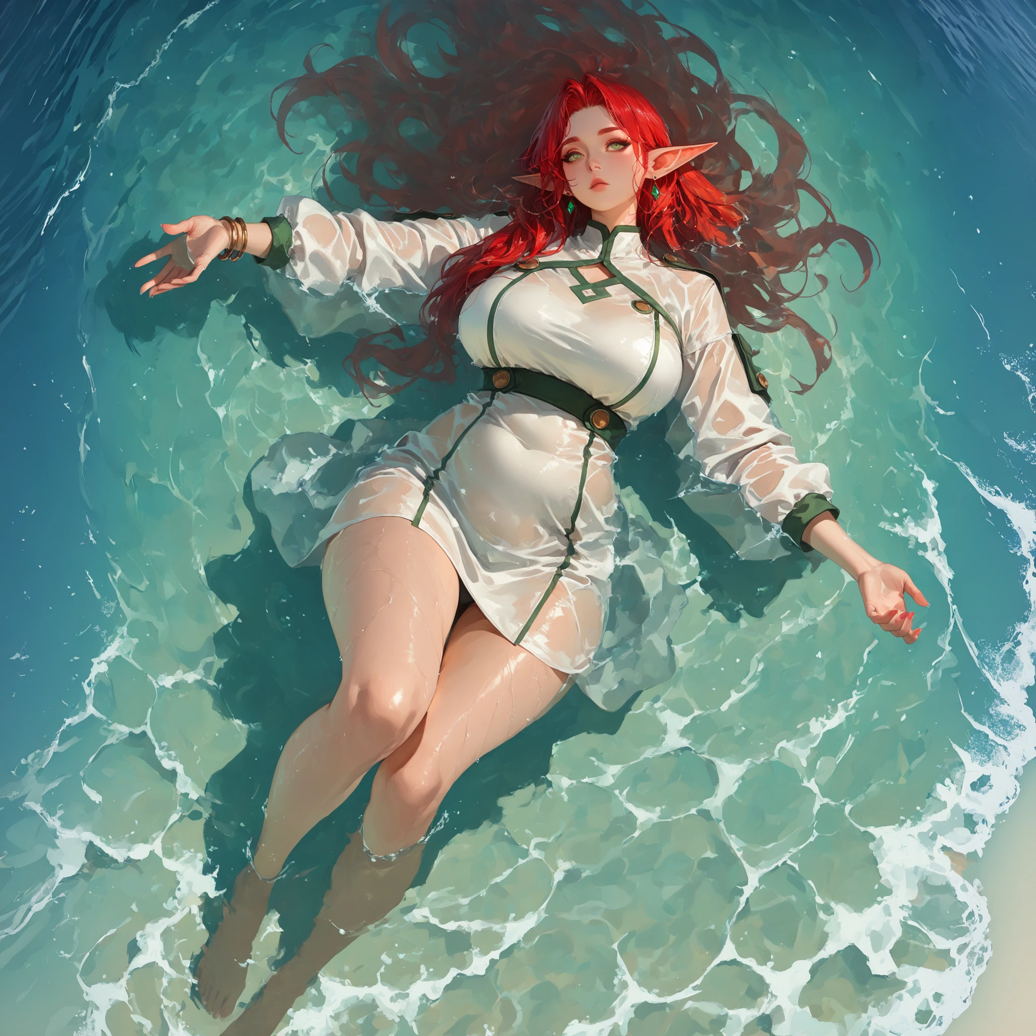 score_9, score_8_up, score_7_up, score_6_up, score_5_up, score_4_up, source_anime , TakashiroHiroko ,(!!sharp long elfs ears!!, !! red hair!!, !!long hair!!, separete bang), long elf ears, green eyes, detailed eyes, well-aligned eyes, pointy ears, 1girl, looking at you, full body, earrings,well drawn green eyes, perfect eye quality, long hair, anatomically correct,((curvy, big breast, little chubby, shapely body),lying in the water, ocean, hair beautifully floated to the surface, view from above, looking at us, wet dress