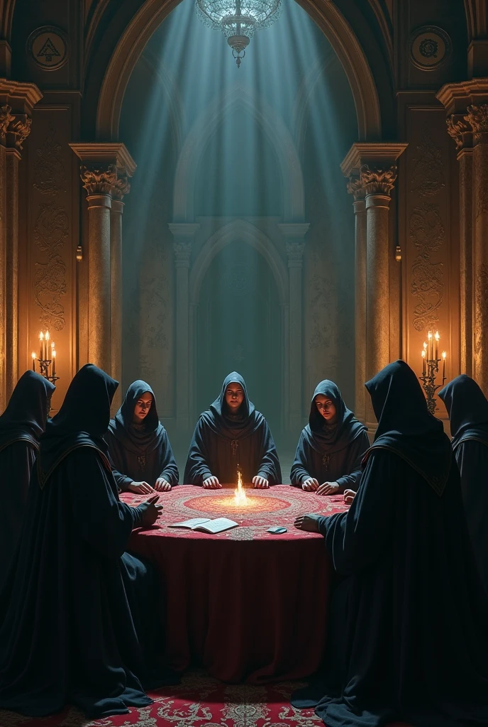 Close-up shot, Low angle shot, a candlelit room where five man sitting, their faces serious and determined, full of faces look at the viewer, wearing maroon culthu robe with hood, the table covered with maps, books, blood and a glowing mysterious symbol. in the background representing the culthu worshipers. The contrast between the calculated plotting and creates a sense of tension and mystery, leaving the viewer questioning the true nature of the Illuminati.) unreal engine, cinematic, hyper-real, highly detailed, Ultra realistic HD --q 2 --v 6.1 --ar 9:16