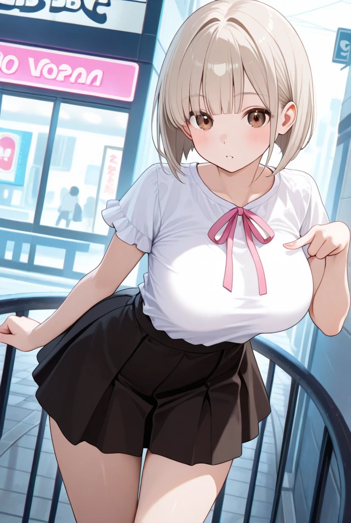 Mini skirt、high-heels、nippless、girl with、In the street、embarrassed from、blushed face、walk、Attention、Colossal tits、
