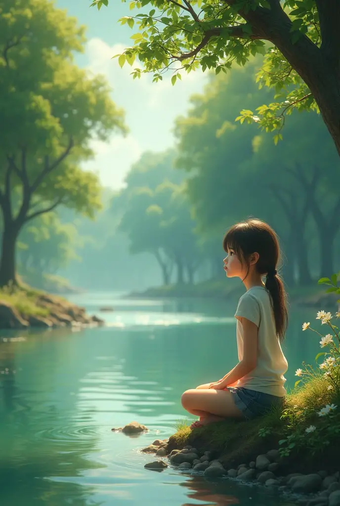 a girl is setting beside the river. 