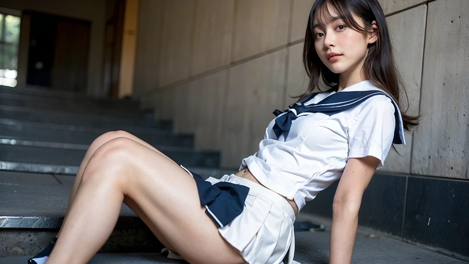 Lori, Adorable, ars, (Sleeveless sailor suit), Put your arm back, Tight white panties , japanaese girl, in a school, knees up, Low contrast, (Smile:0.8), very detailed face and eyes, Best Quality, 超A high resolution, photos realistic, ultra-detailliert, 8K, Raw photo